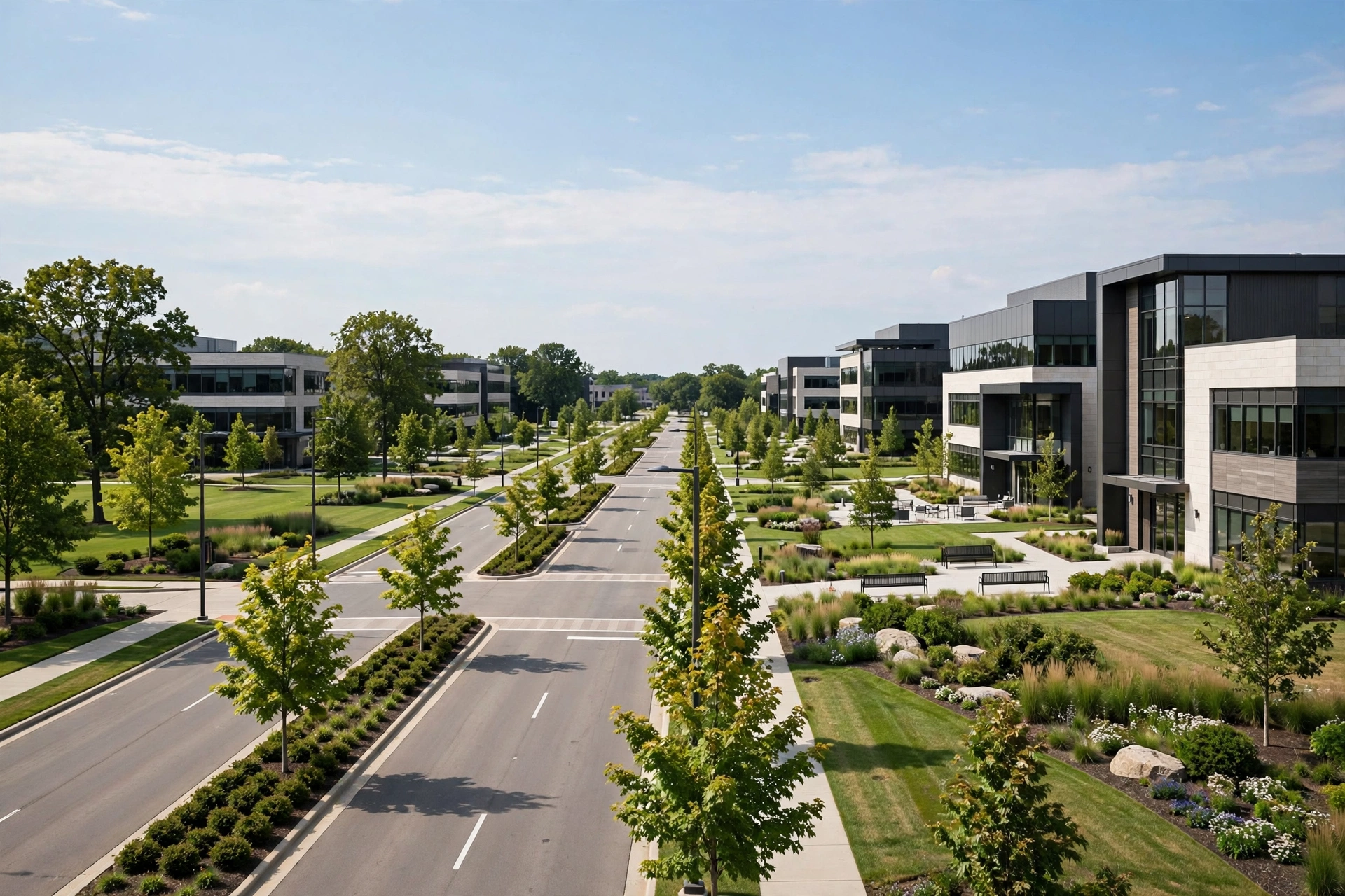 Corporate office park corridor along Aurora Road in Solon, Ohio, with modern low-rise headquarters buildings and landscaped grounds