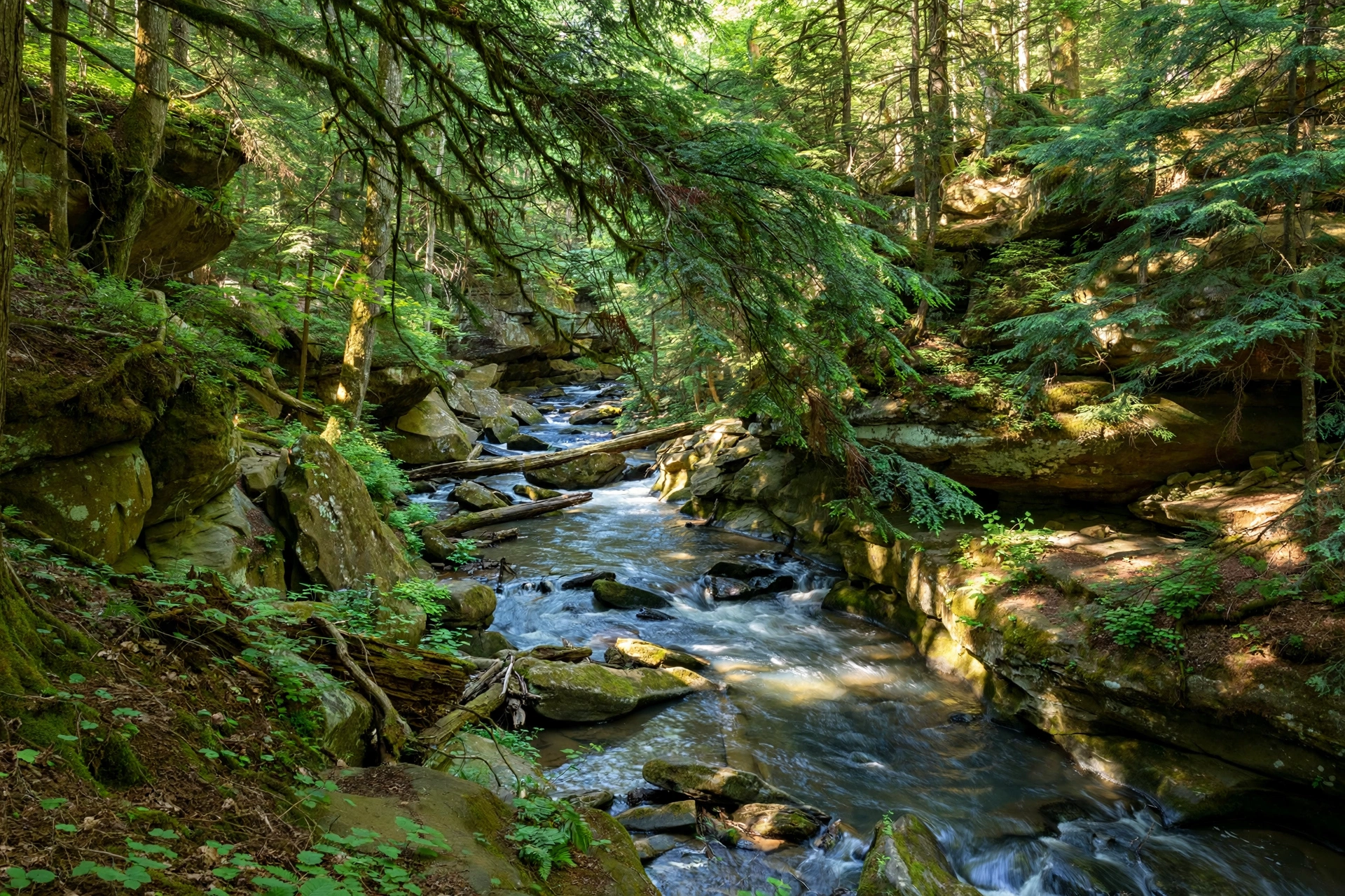 The Chagrin River flowing through a rocky, wooded gorge in the South Chagrin Reservation near Solon, Ohio