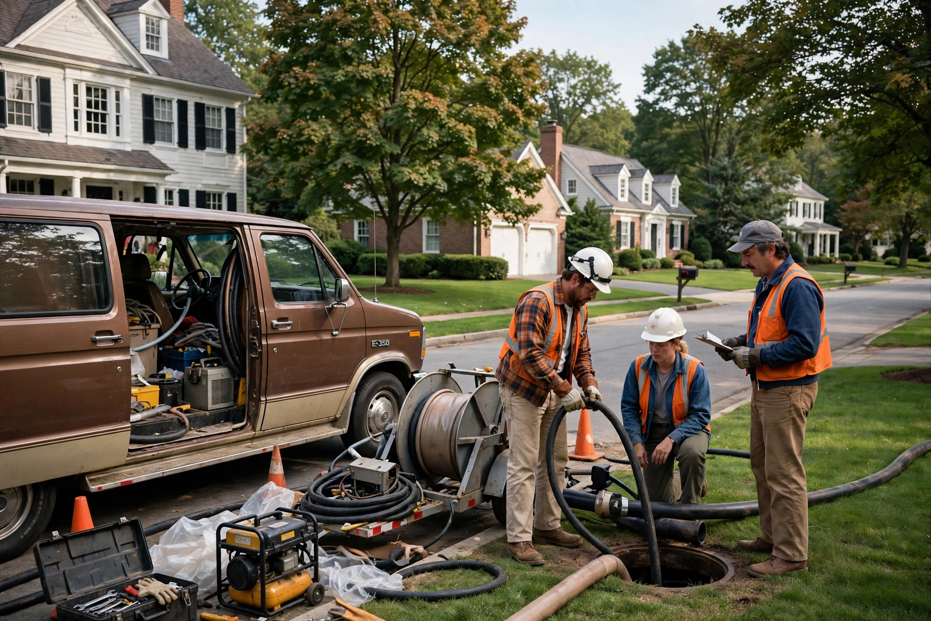 Trenchless pipe lining crew working in an upscale 1980s suburban neighborhood in Solon, Ohio, with large colonial homes, manicured lawns, and a work van