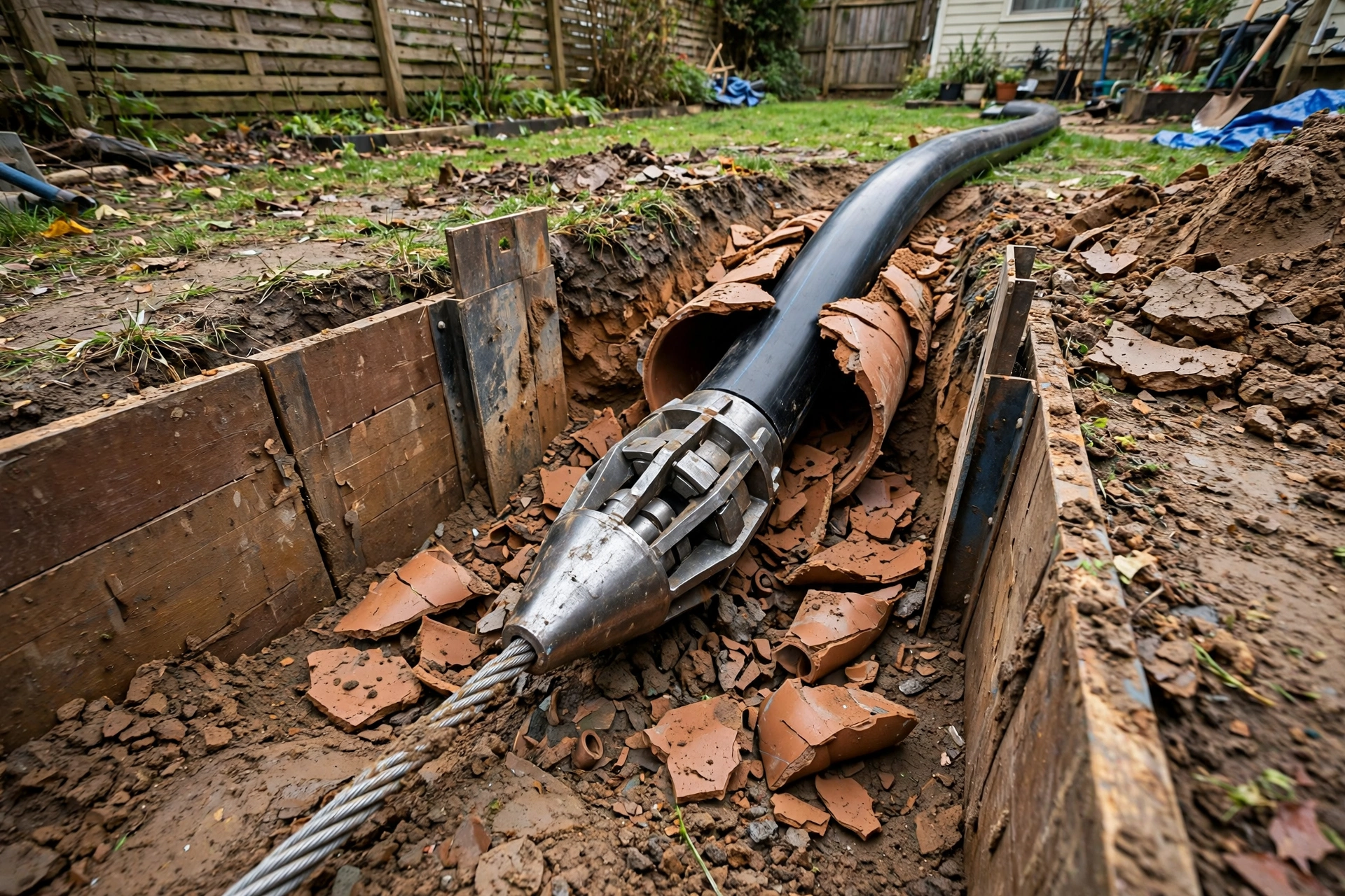 Pipe bursting operation pulling new HDPE pipe through an old clay sewer line in a residential backyard, with bursting head and cable