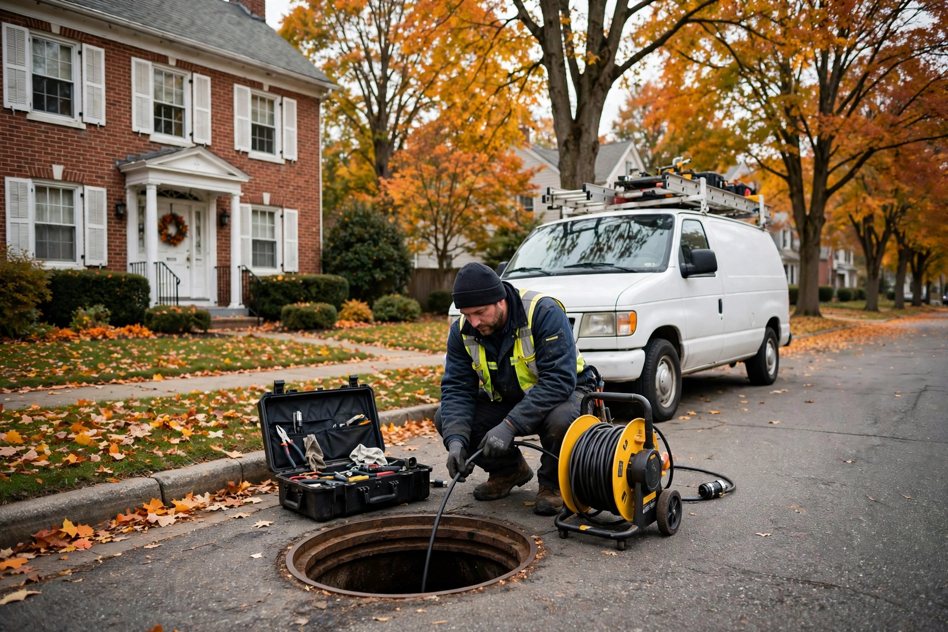 Sewer camera technician working at a 1930s brick colonial home in South Euclid, Ohio, on a tree-lined street with fall foliage