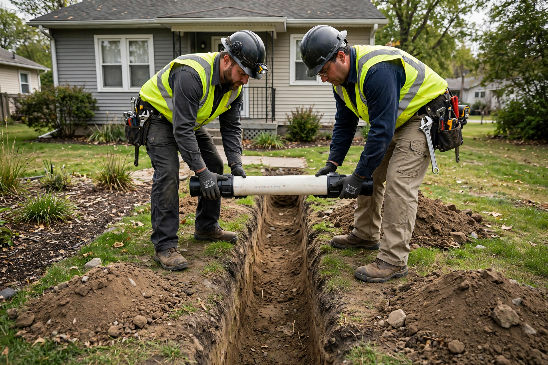 Two plumbing technicians lowering a new section of white PVC sewer pipe with rubber fittings into a narrow excavated trench in a residential front yard