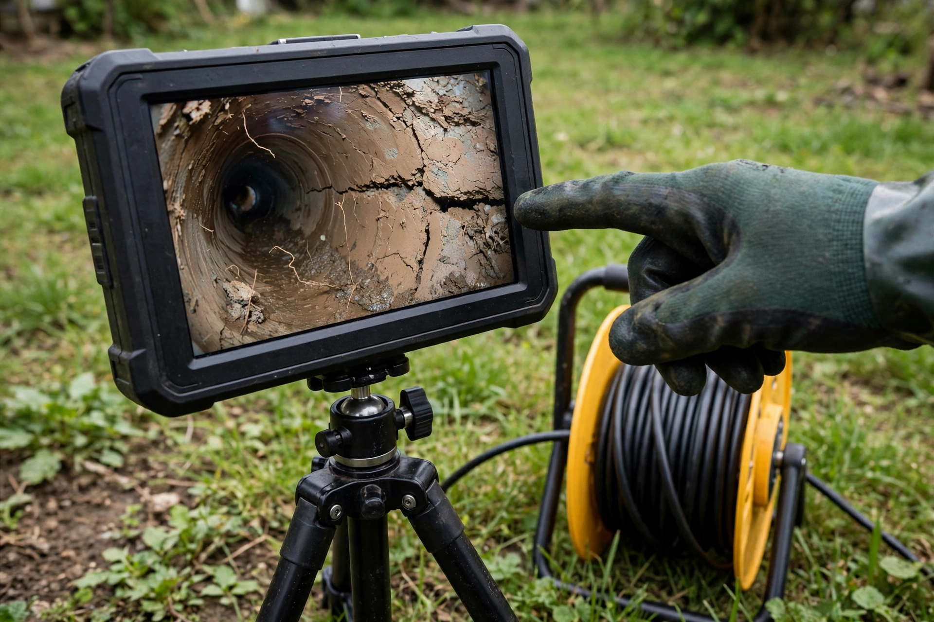 Sewer camera inspection monitor on a tripod in a grassy yard showing a cracked clay pipe joint, with a technician's gloved hand pointing at the screen