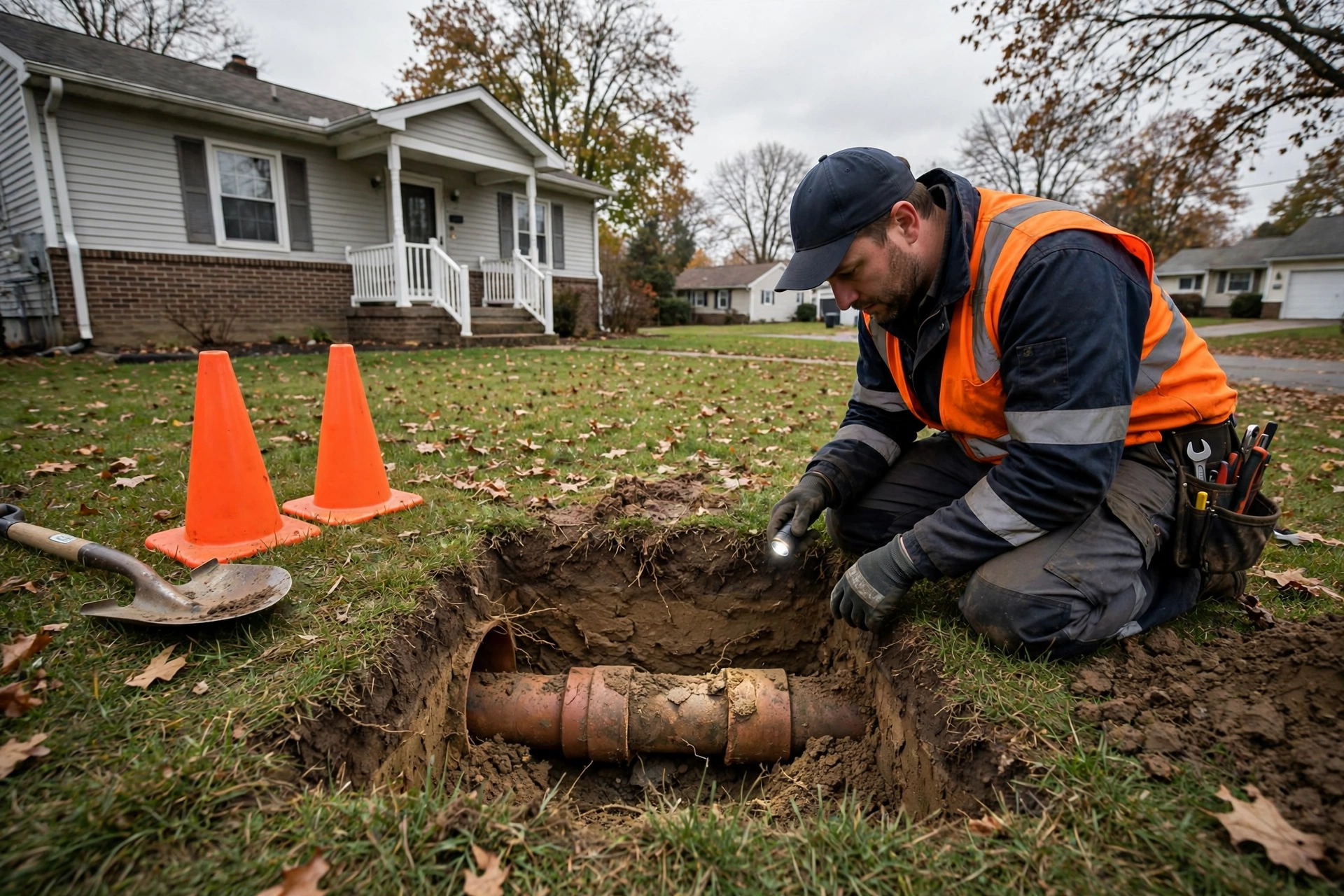 Small neat excavation in an Ohio front yard exposing a short section of old clay sewer pipe, with a plumbing technician inspecting the exposed pipe