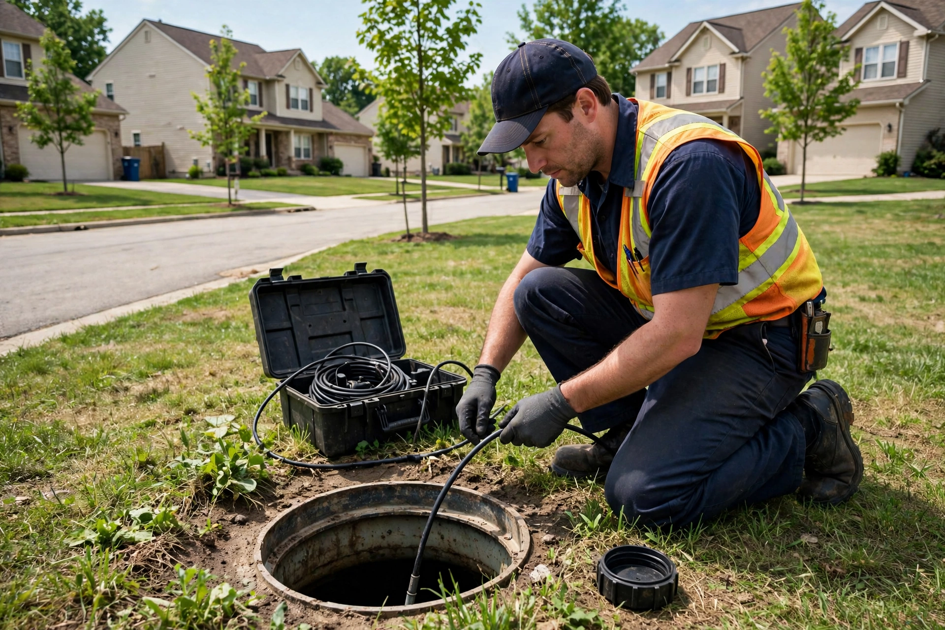 Sewer camera inspection technician working in a Springboro Ohio suburban subdivision with newer two-story homes