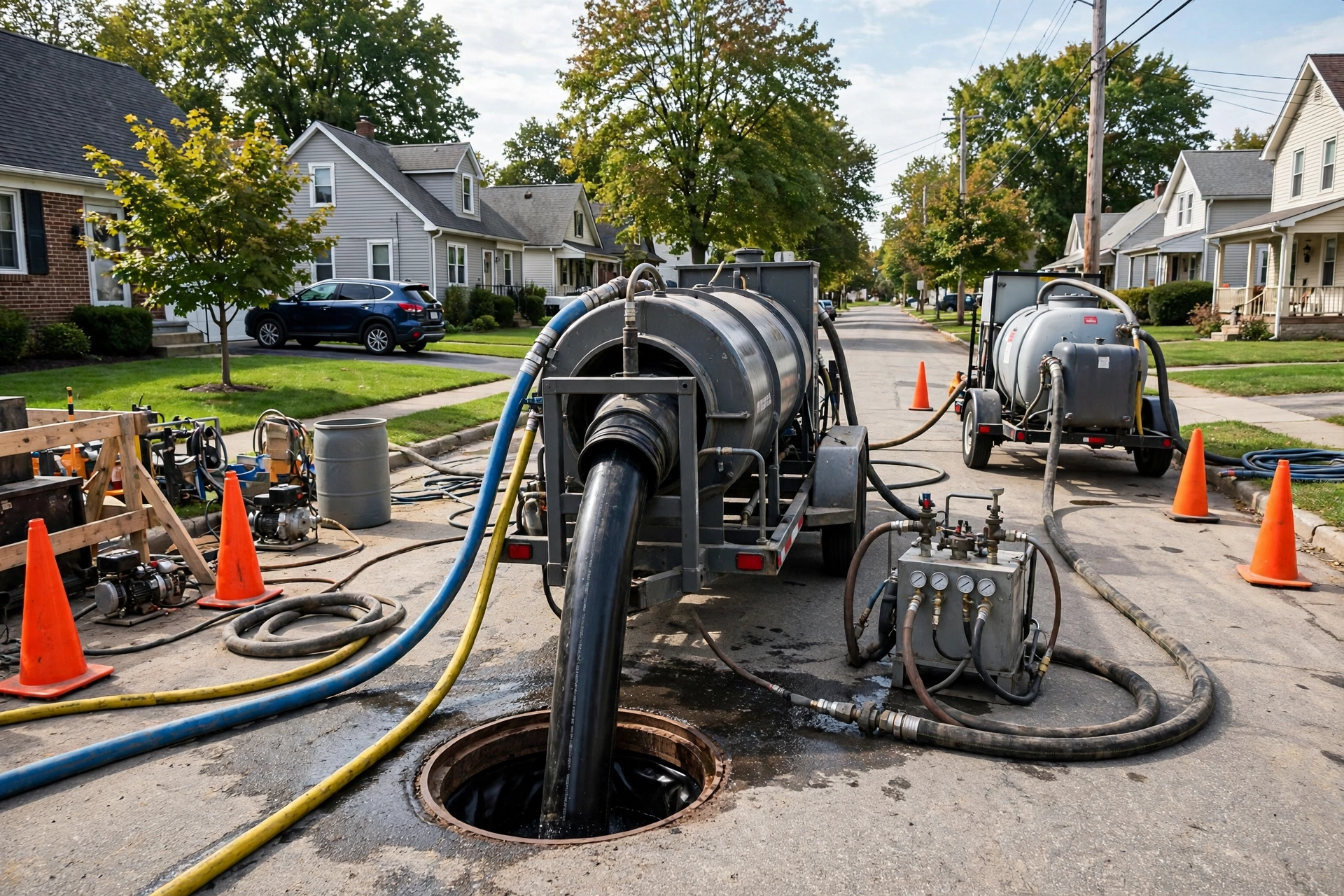 Cured-in-place pipe lining equipment renewing a sewer lateral on a Springfield, Ohio street