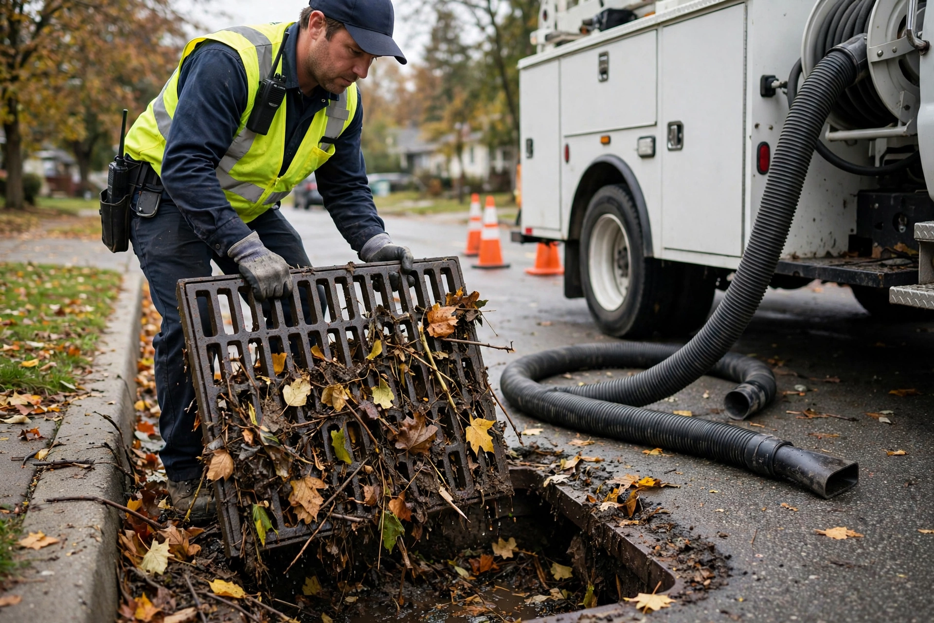 Maintenance worker lifting a clogged catch basin grate packed with leaves and debris at a street curb, with a vacuum hose nearby