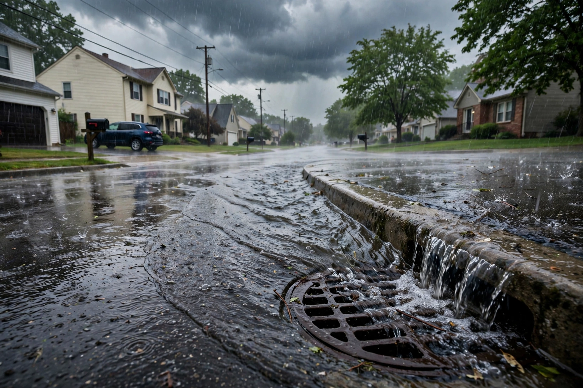 Heavy rain flooding a suburban Ohio street with water flowing into a catch basin storm drain grate at the curb under dark storm clouds