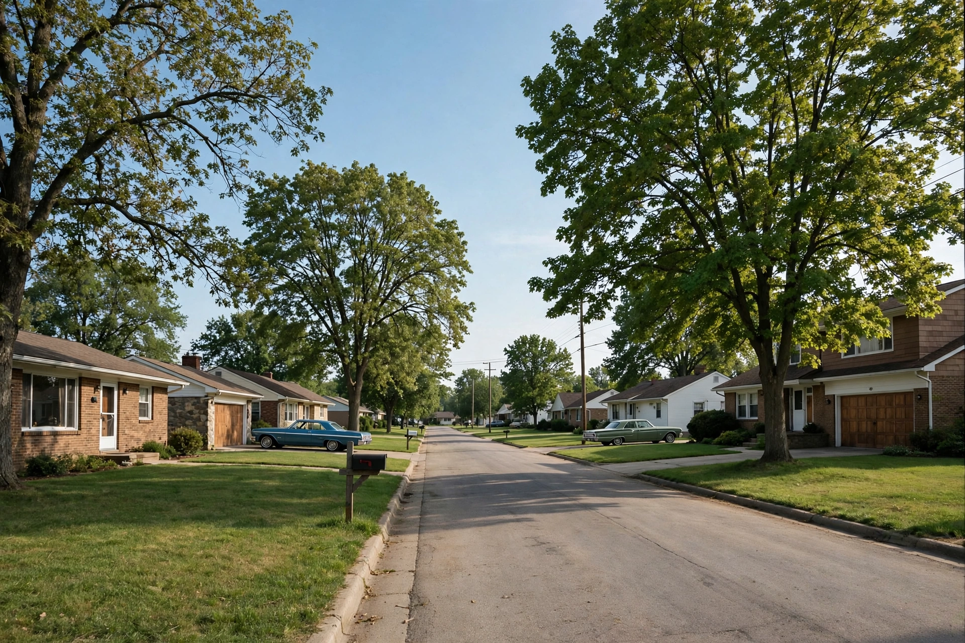 1960s ranch and split-level homes on a tree-lined suburban street in Stow, Ohio