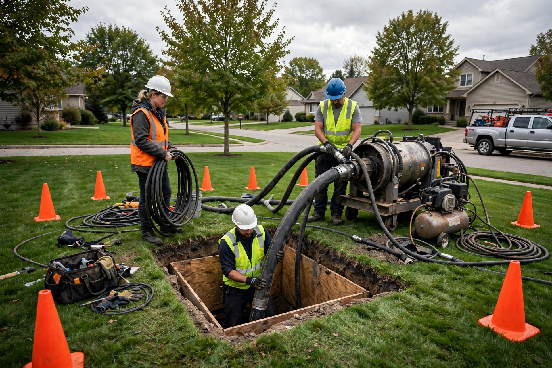 Trenchless pipe lining crew working from a small access pit in a manicured Strongsville, Ohio lawn