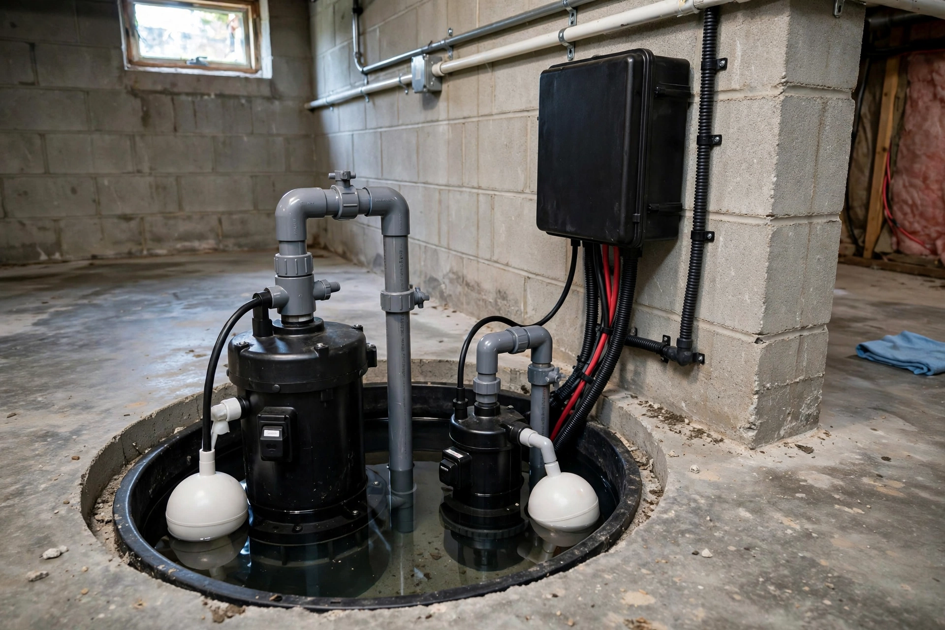 Battery backup sump pump system in a basement with a primary pump, backup pump, and battery box mounted on the wall