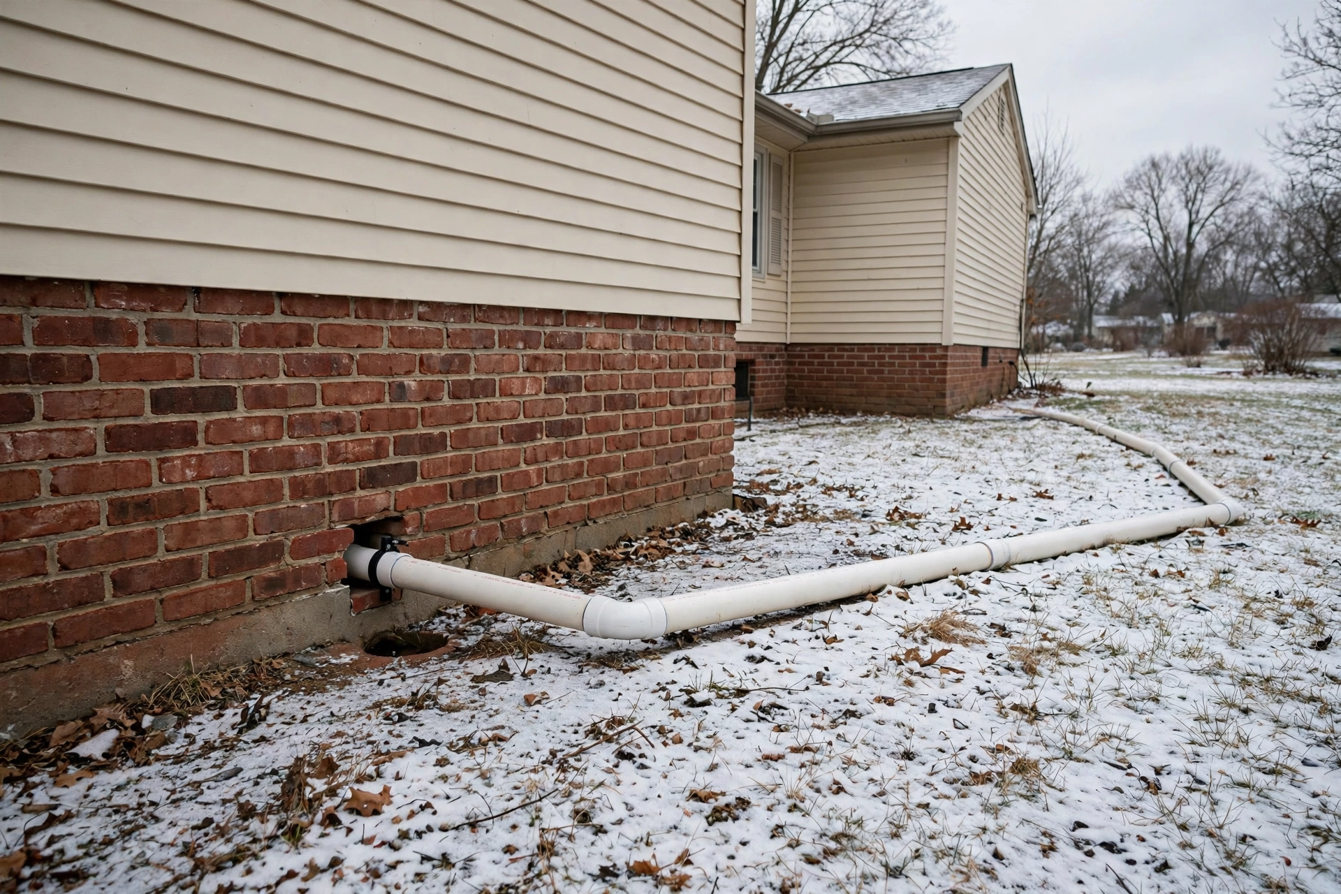 White PVC sump pump discharge pipe exiting a suburban Ohio home's foundation wall in winter with snow on the ground