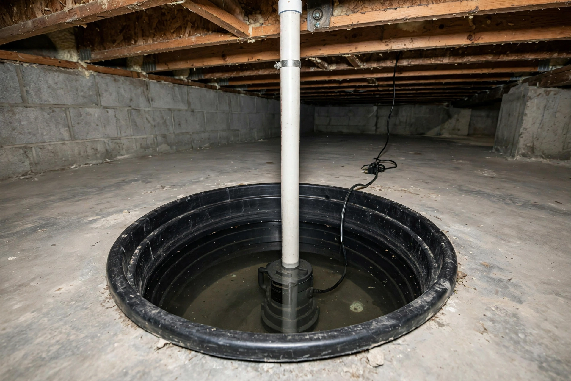 Submersible sump pump sitting in a basement sump pit with a vertical PVC discharge pipe rising to the ceiling joists
