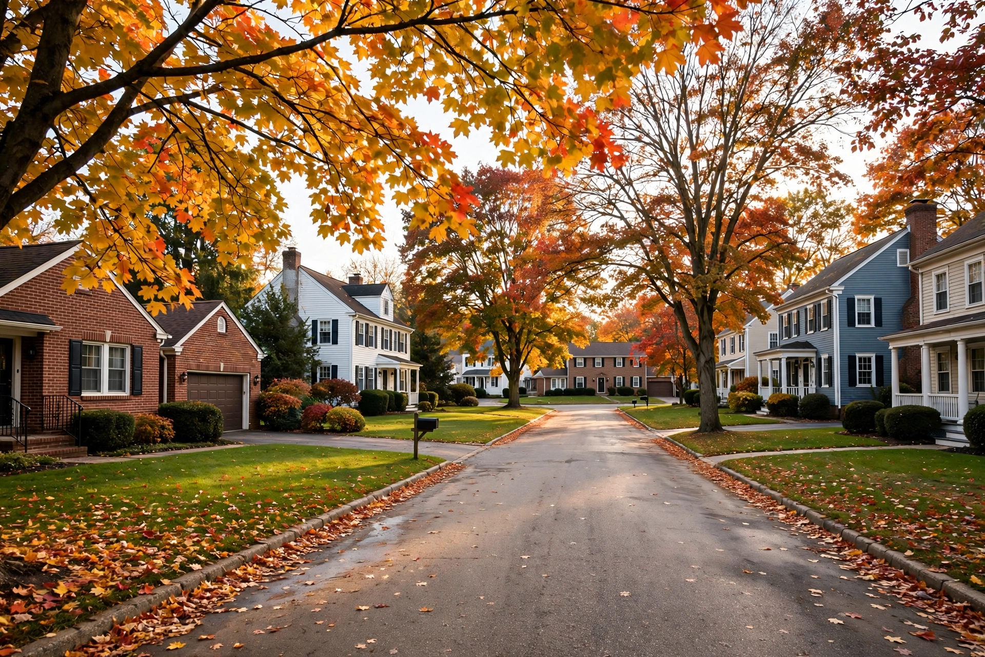 Brick ranch and colonial homes with manicured lawns and mature maple trees on a quiet Sylvania, Ohio street