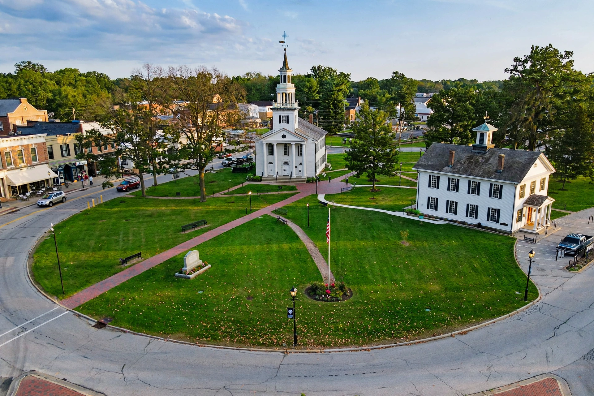 The Tallmadge Circle in Tallmadge, Ohio, with the historic white church at the center of the eight-spoke traffic circle