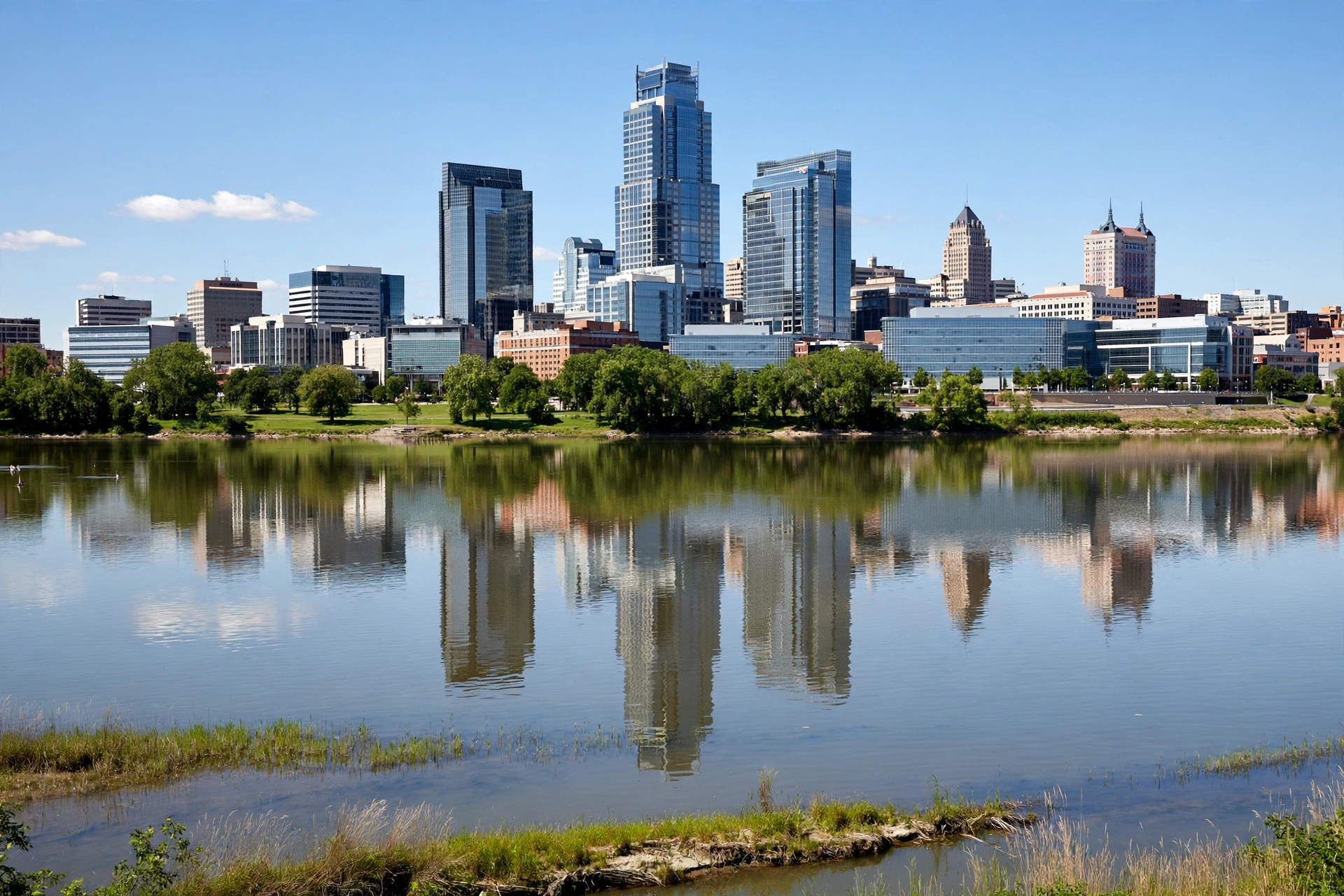 Downtown Toledo skyline reflected across the wide Maumee River