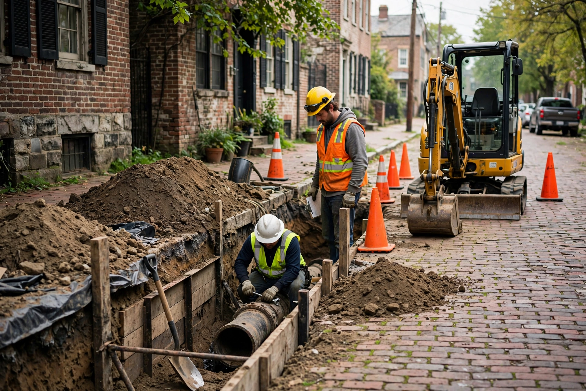 Sewer repair crew working in a dug trench beside an old brick street in a historic Toledo neighborhood