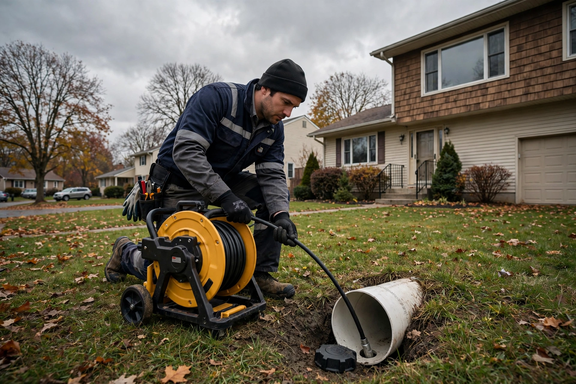 Technician running a sewer camera inspection at a Toledo Ohio home, pushing a camera reel into a sewer cleanout in the front yard