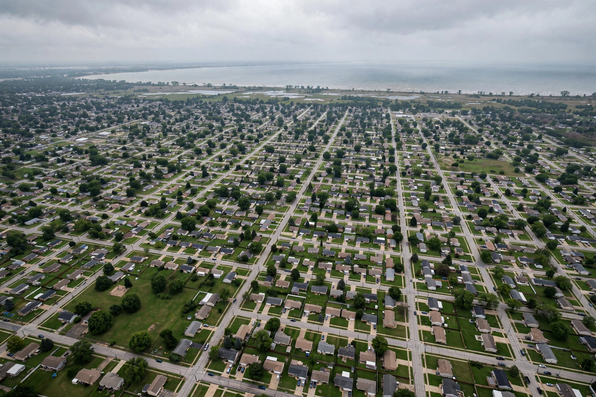 Flat northwest Ohio suburban neighborhood near Toledo on the former lake plain of Lake Erie, with Lake Erie on the horizon