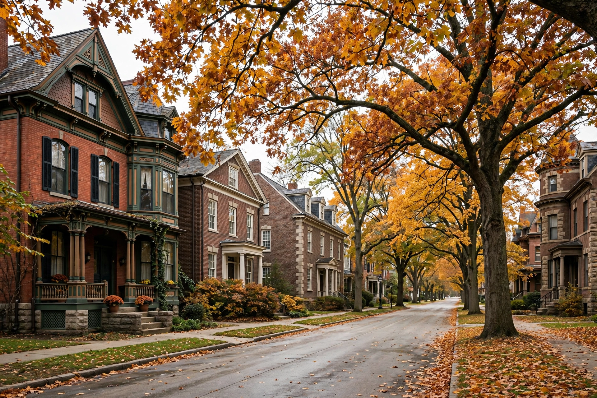 Tree-lined street in Toledo's Old West End with historic Victorian homes and mature trees over century-old clay sewer lines