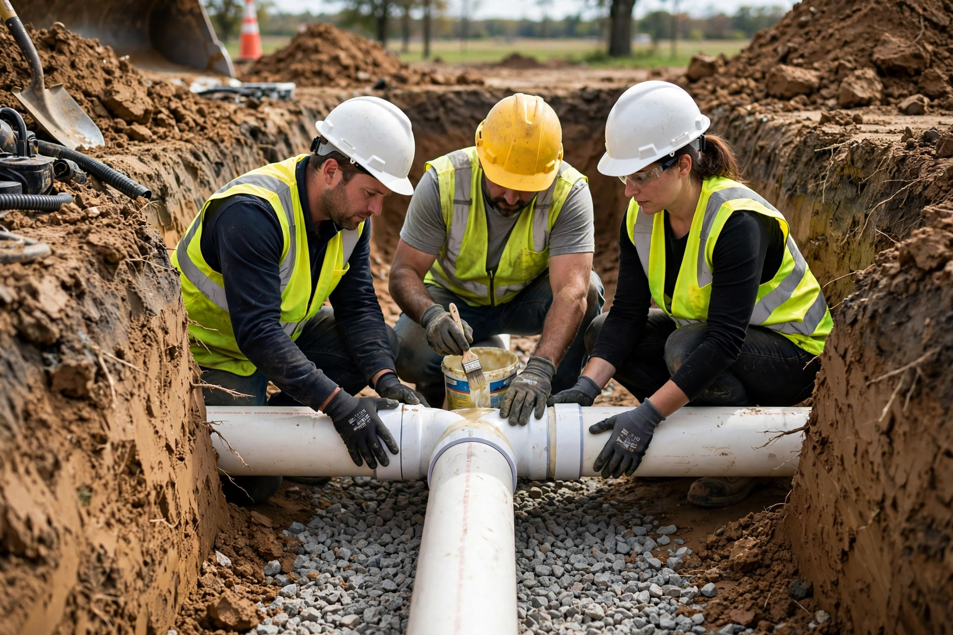 Workers laying new white PVC sewer pipe sections in an open trench with gravel bedding in Ohio clay soil