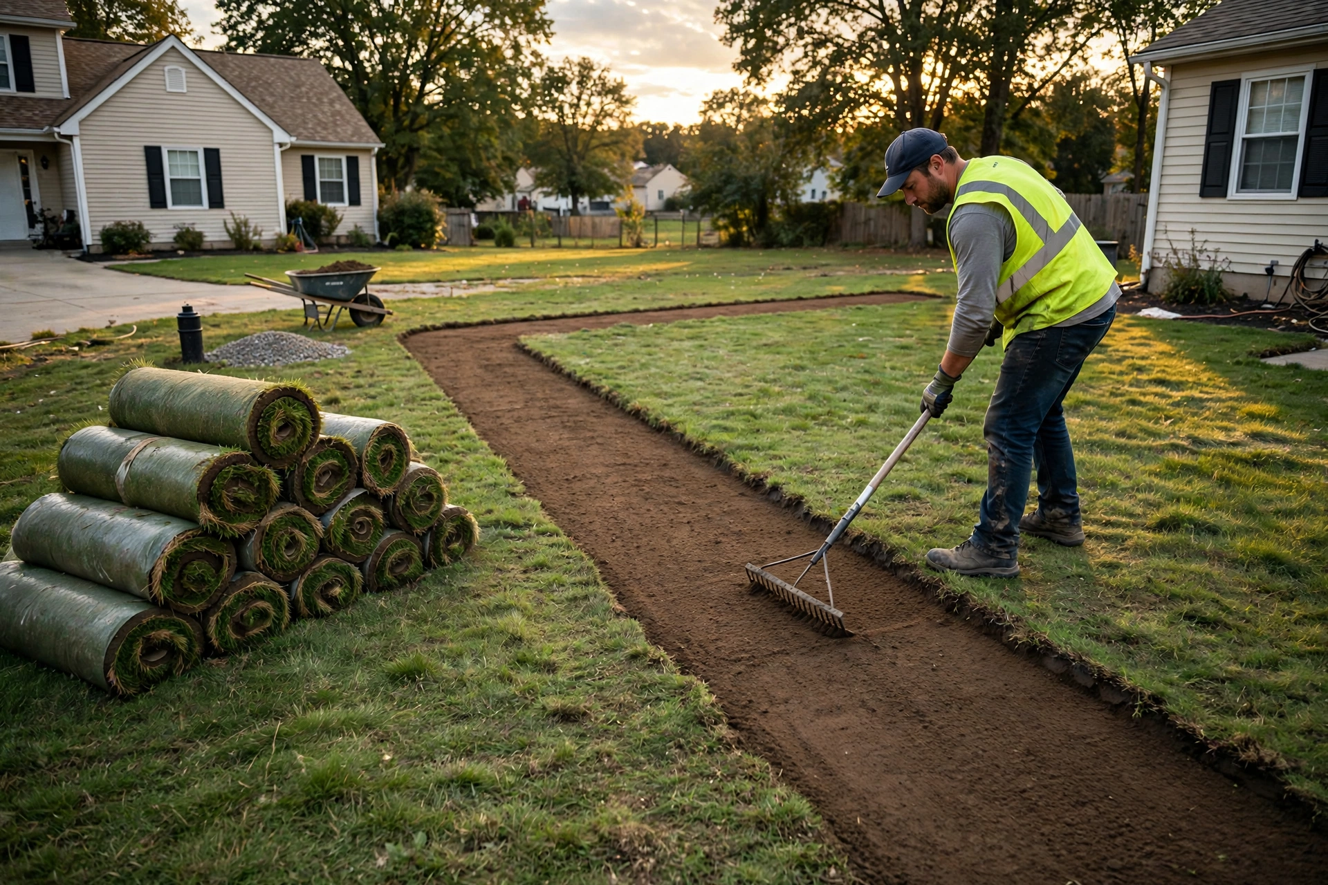 Freshly backfilled and graded yard with new sod after a sewer line replacement in suburban Ohio