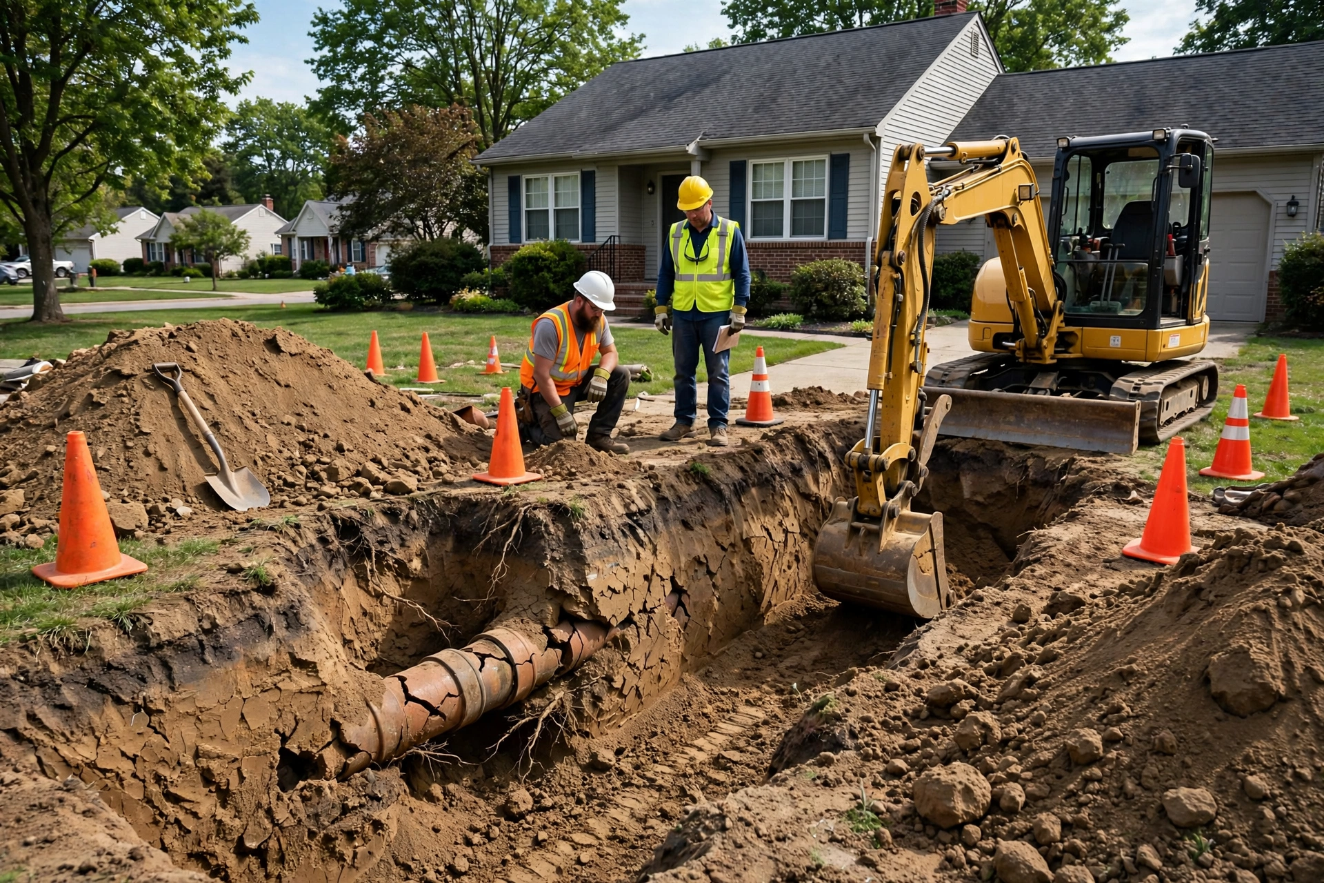 Open trench excavation for sewer line replacement in an Ohio front yard with an excavator and exposed old clay pipe