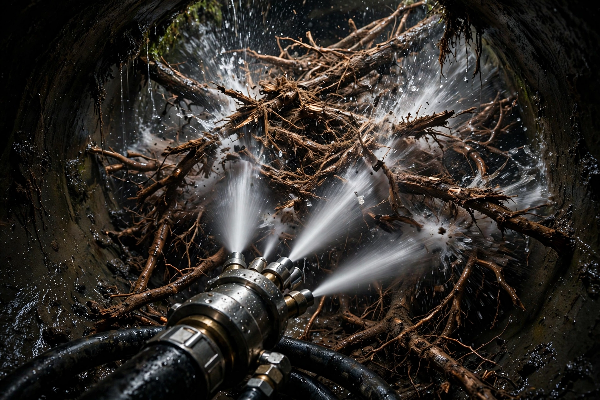 High-pressure hydro jetting nozzle spraying water inside an underground sewer pipe, blasting apart a dense mat of tree roots