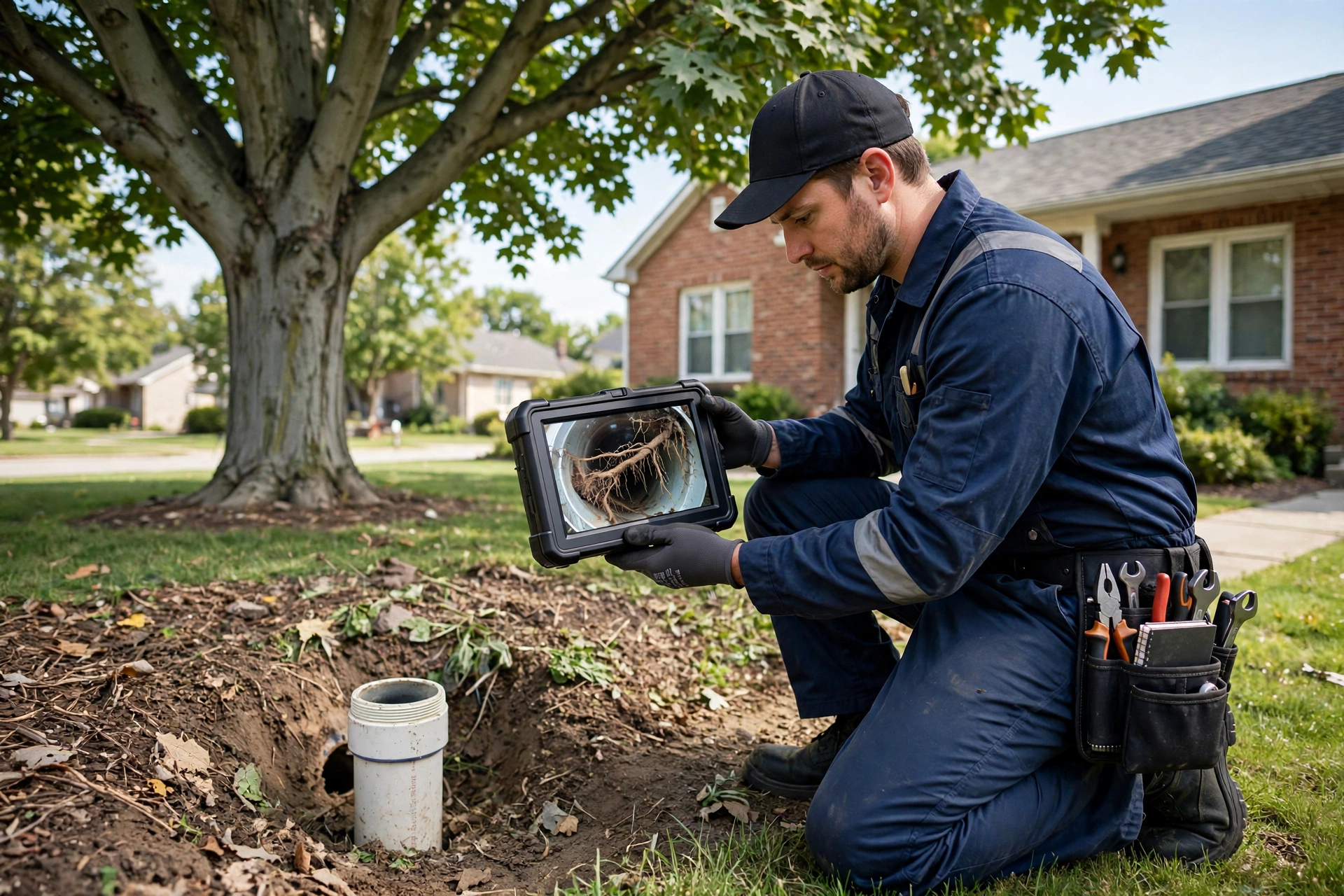 Plumbing technician in a navy uniform kneeling by an open sewer cleanout in an Ohio front yard, checking a monitor that shows tree roots inside the pipe, with a mature silver maple tree behind him