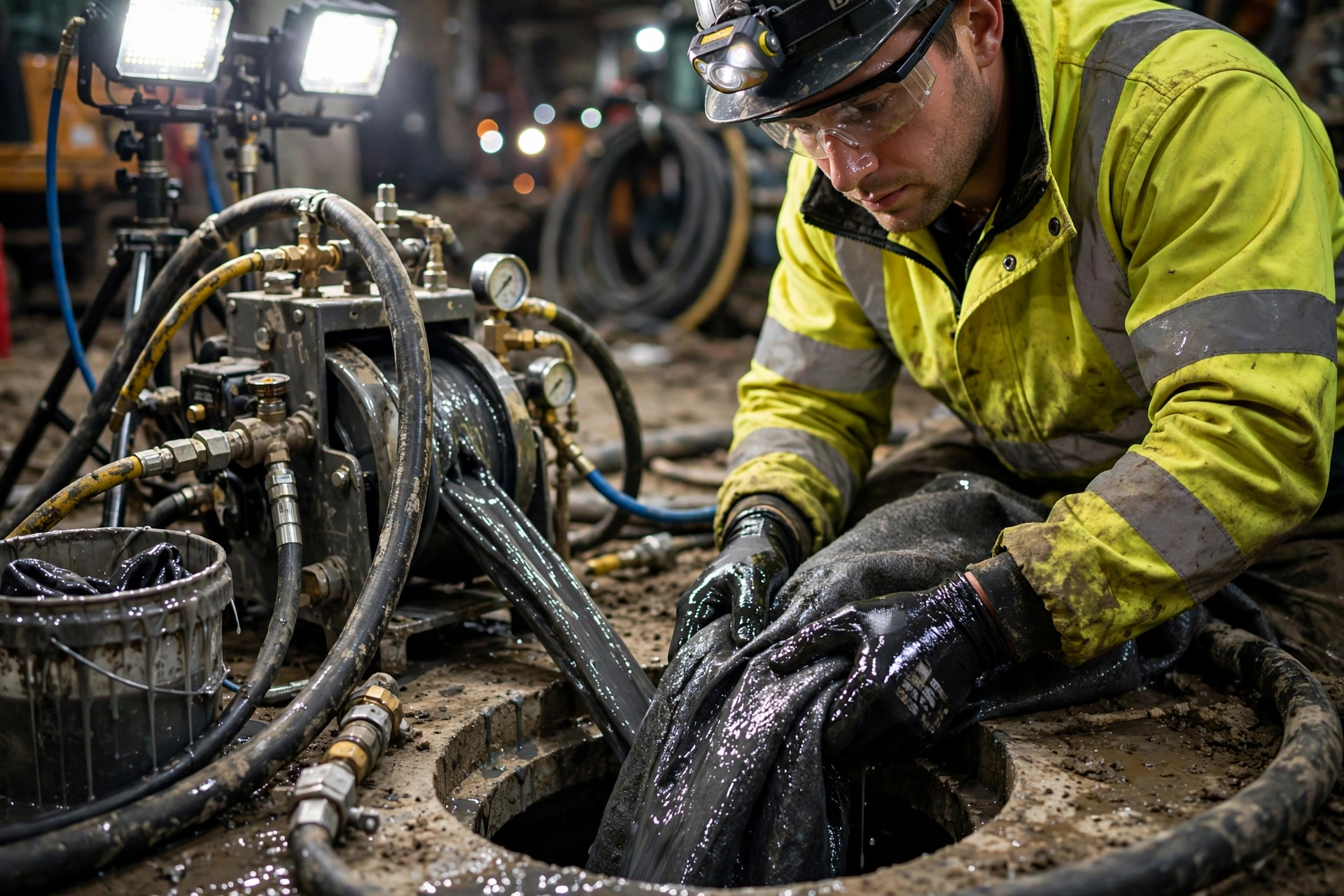 Technician feeding a resin-soaked cured-in-place pipe liner into an open sewer cleanout during a trenchless repair job at night