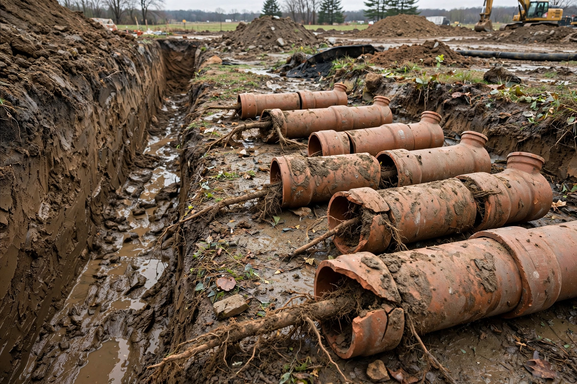 Old clay tile sewer pipe sections with offset separated joints and root intrusion beside a trench