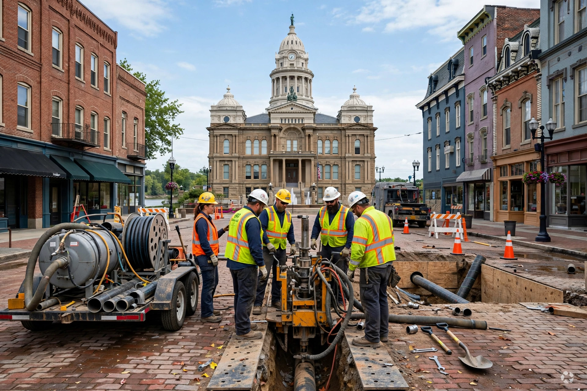 Trenchless sewer repair crew working on a historic brick street in downtown Troy near the Great Miami River