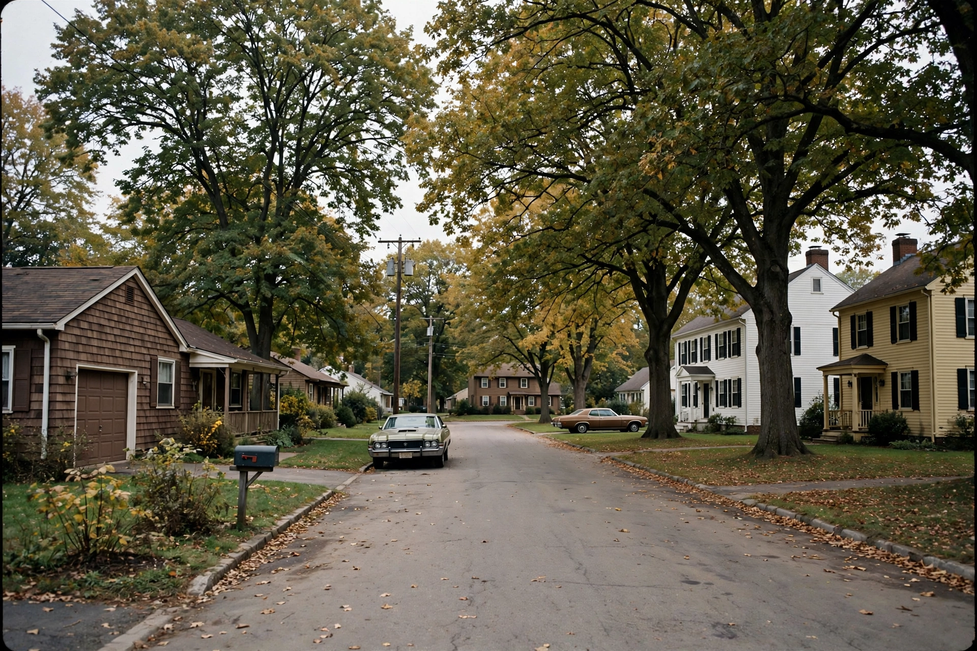 1970s suburban subdivision streets in Twinsburg, Ohio, with mature trees