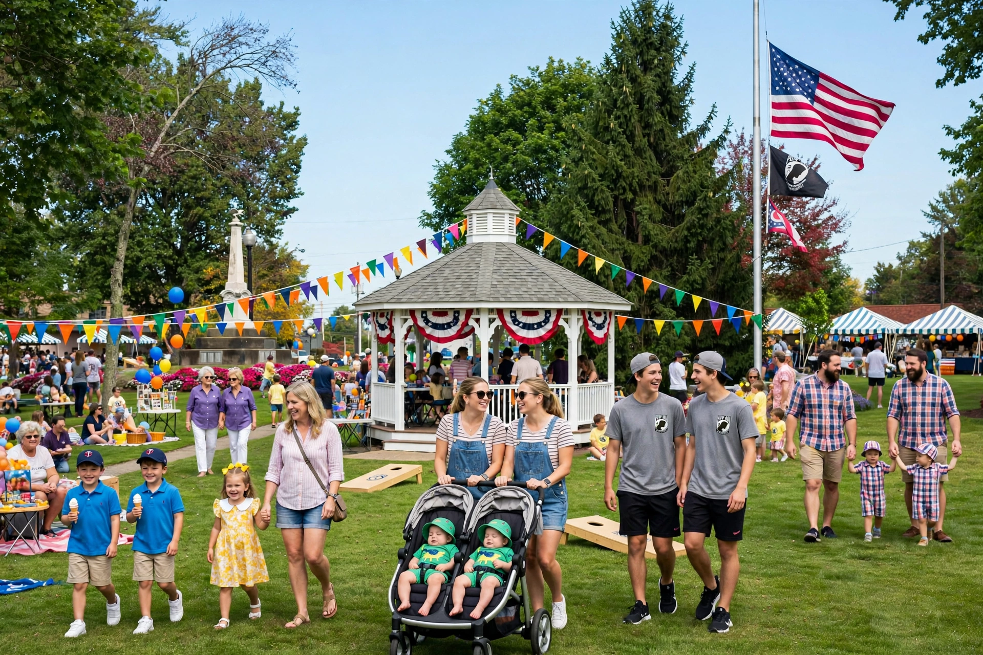 Twinsburg, Ohio town square with Twins Days festival banners celebrating the world's largest gathering of twins