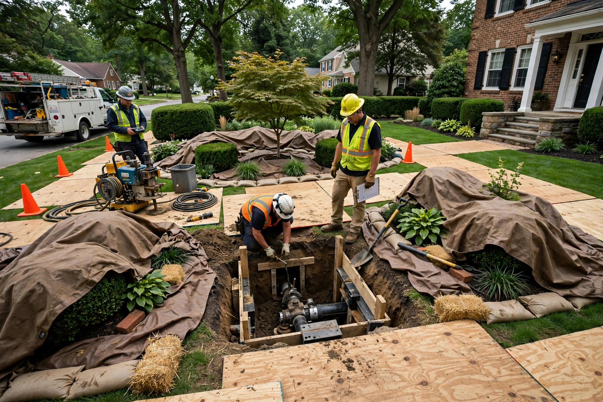 Brick Tudor revival home in Upper Arlington, Ohio with a sewer technician inspecting the side cleanout