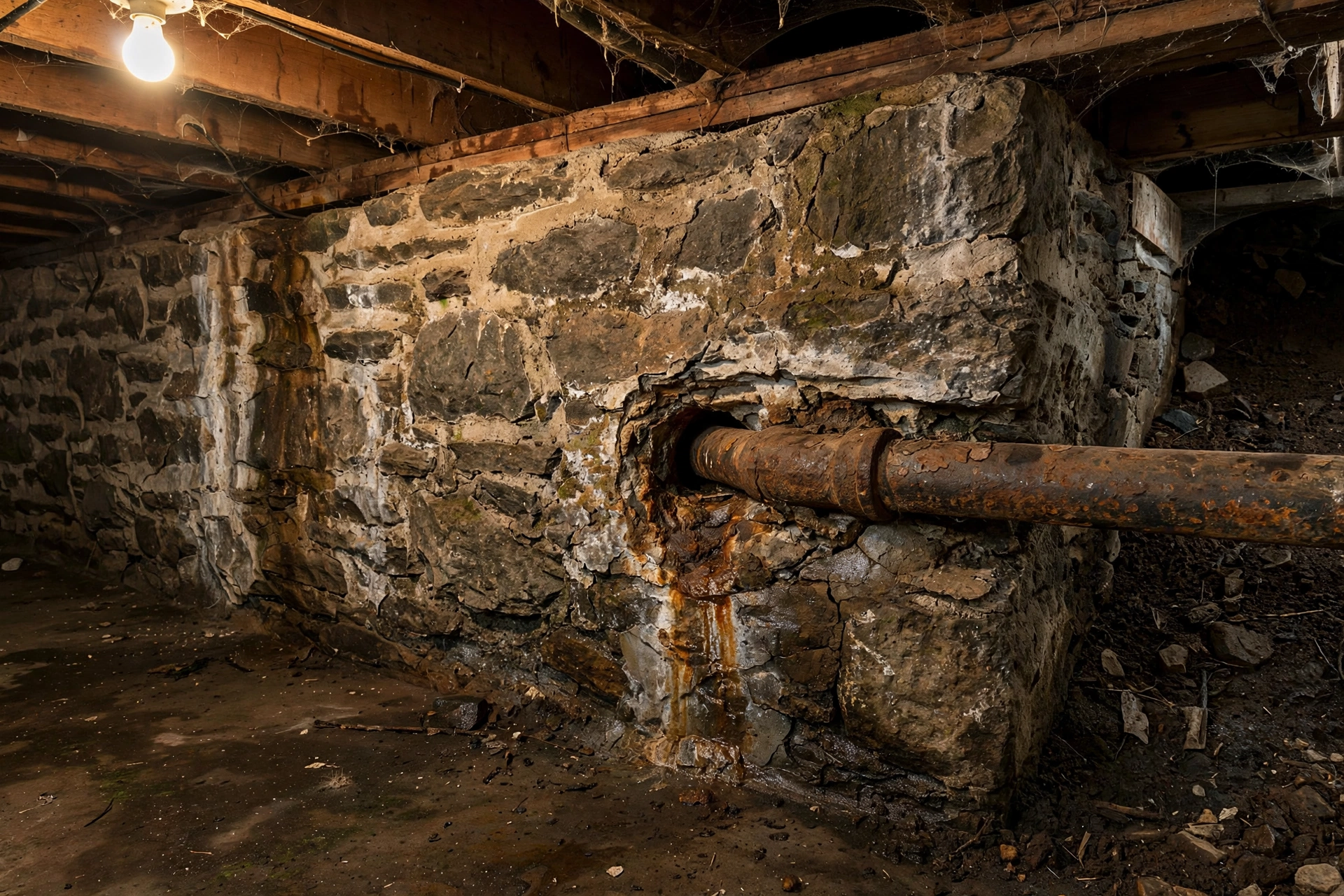 Basement sewer cleanout showing old cast iron pipe transitioning to clay tile at a stone foundation wall