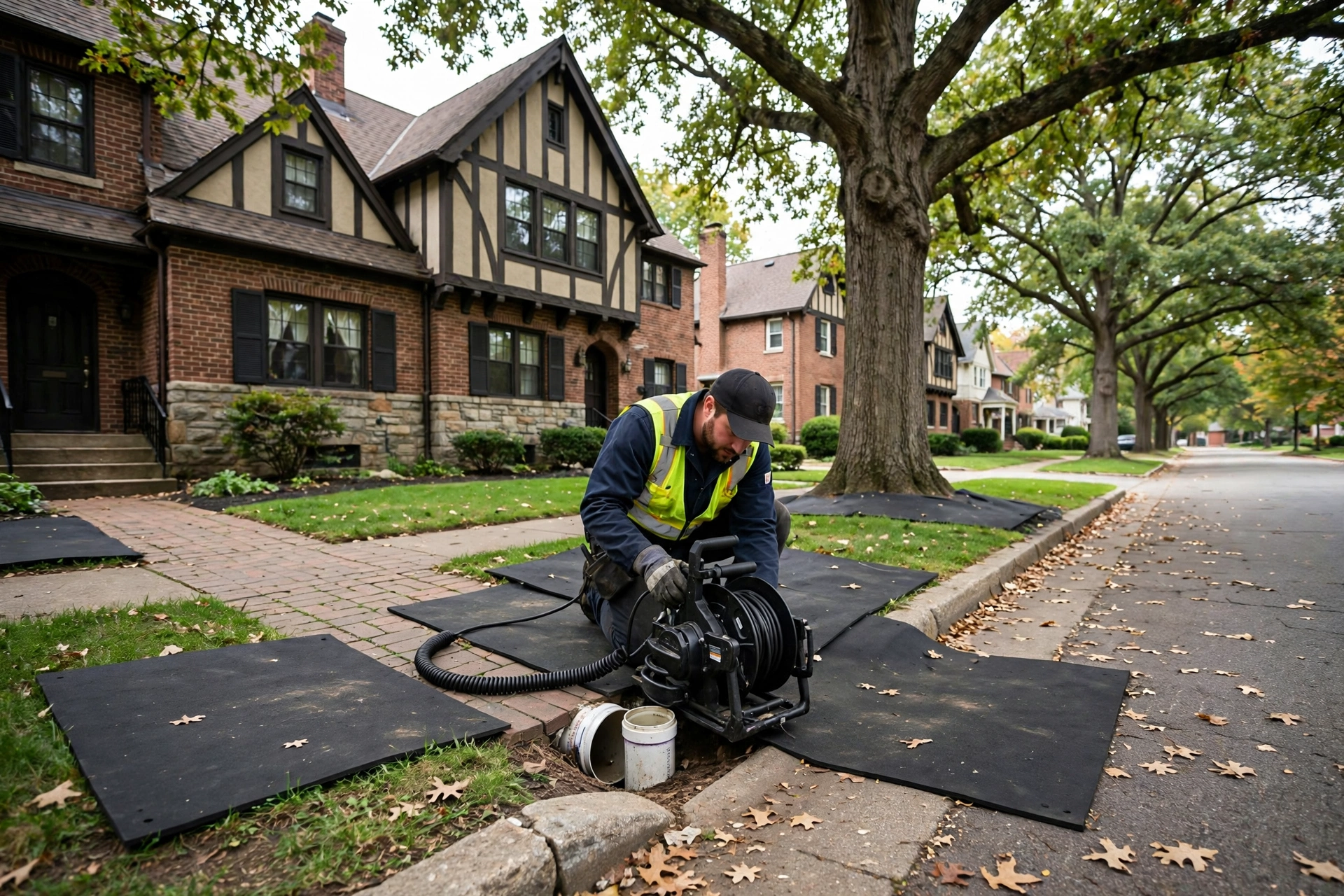 Upper Arlington, Ohio street lined with 1920s brick Tudor and colonial revival homes under a mature oak canopy