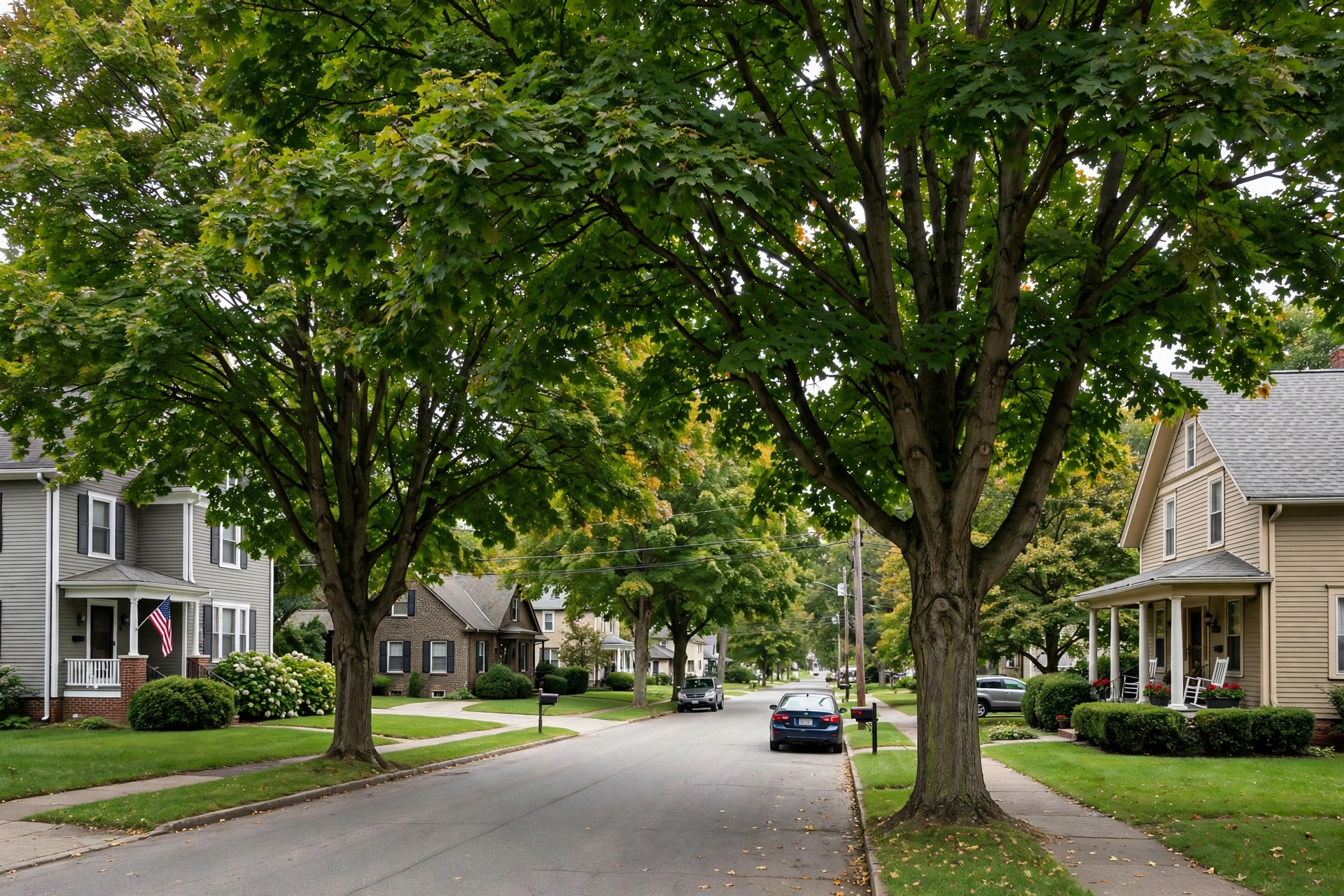 Tree-lined residential street with older homes in Wadsworth, Ohio