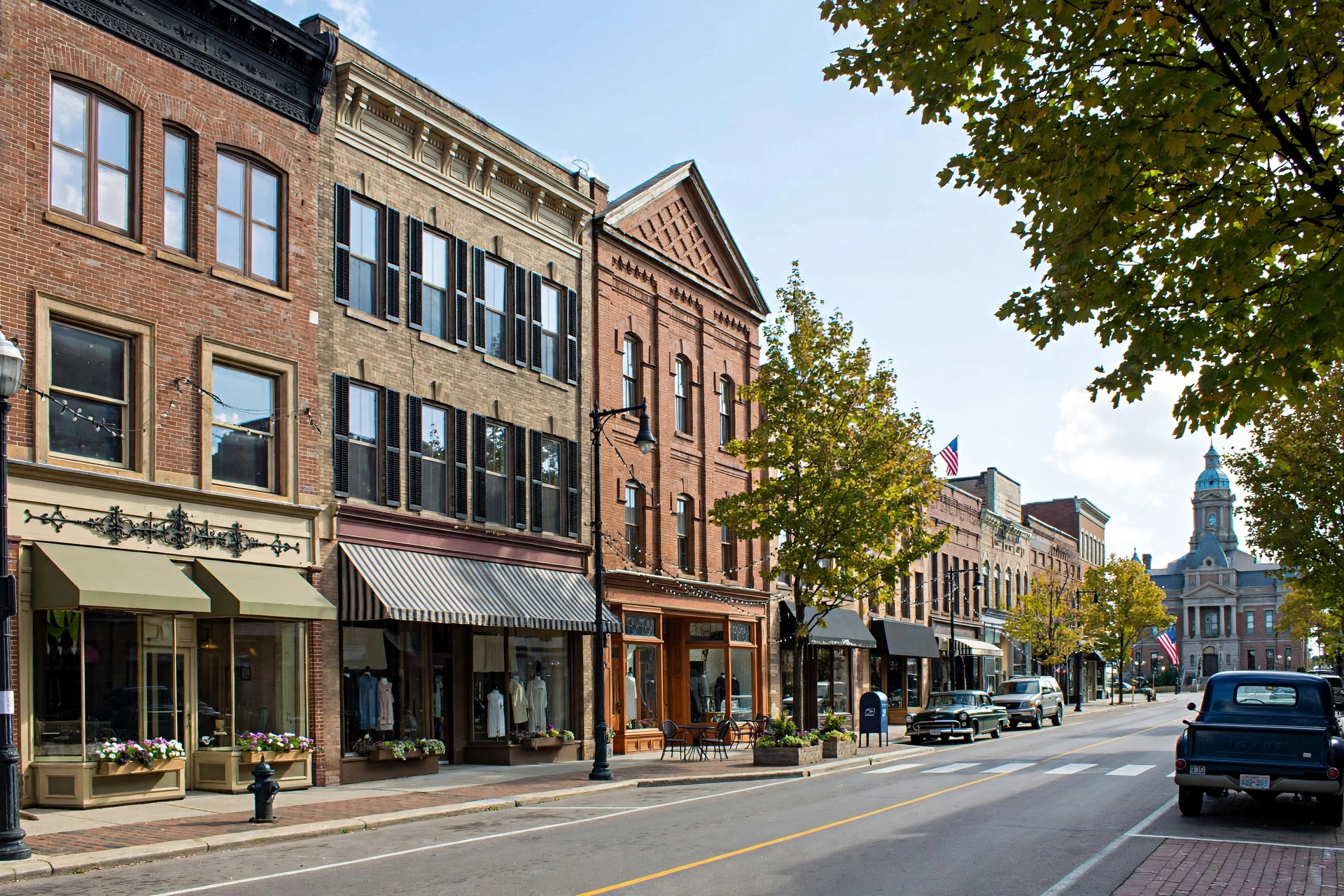 Historic brick storefronts along a downtown Warren, Ohio main street