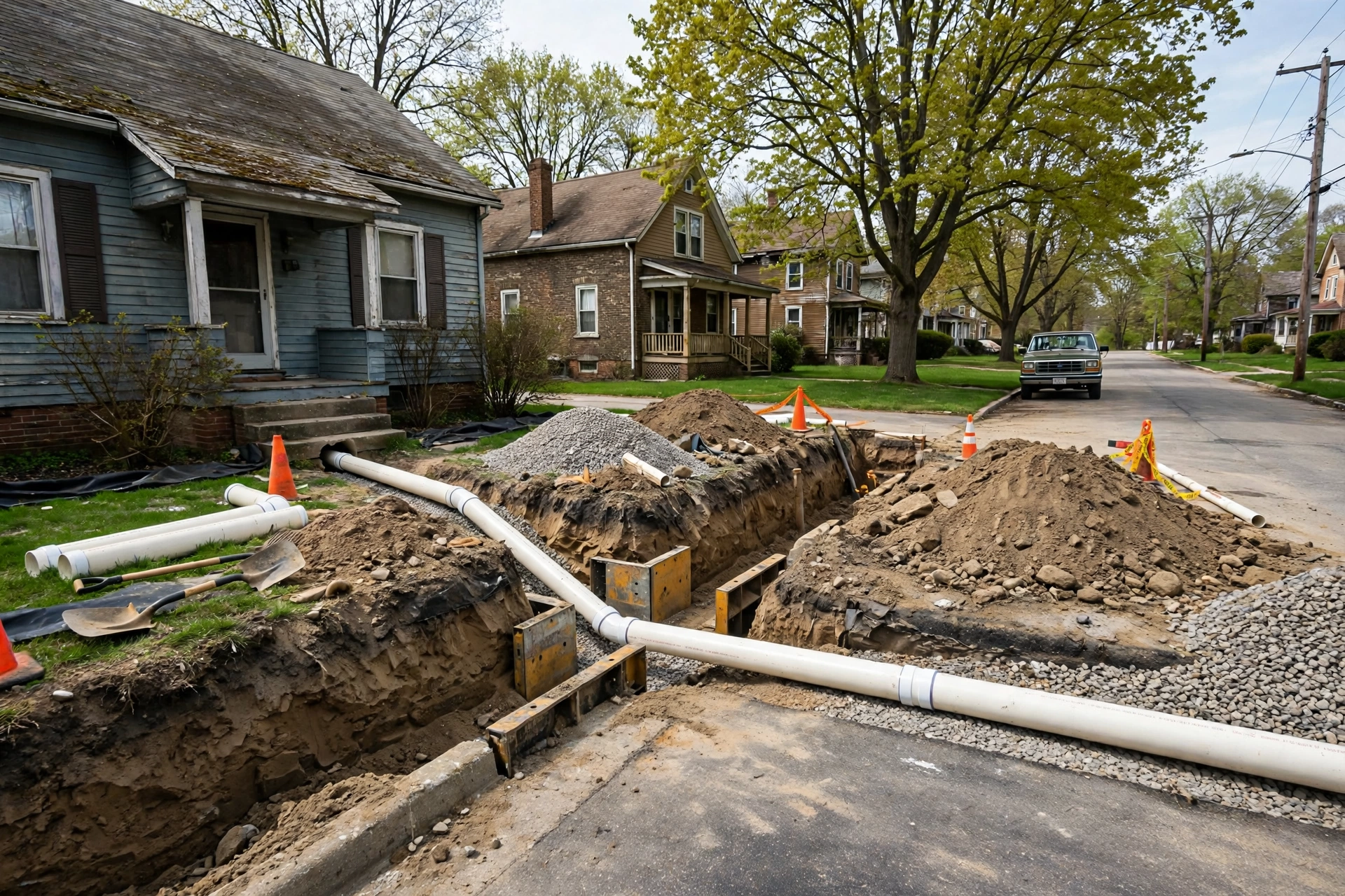 Open-trench sewer lateral replacement in Warren, Ohio with new white PVC pipe running from a house to the street