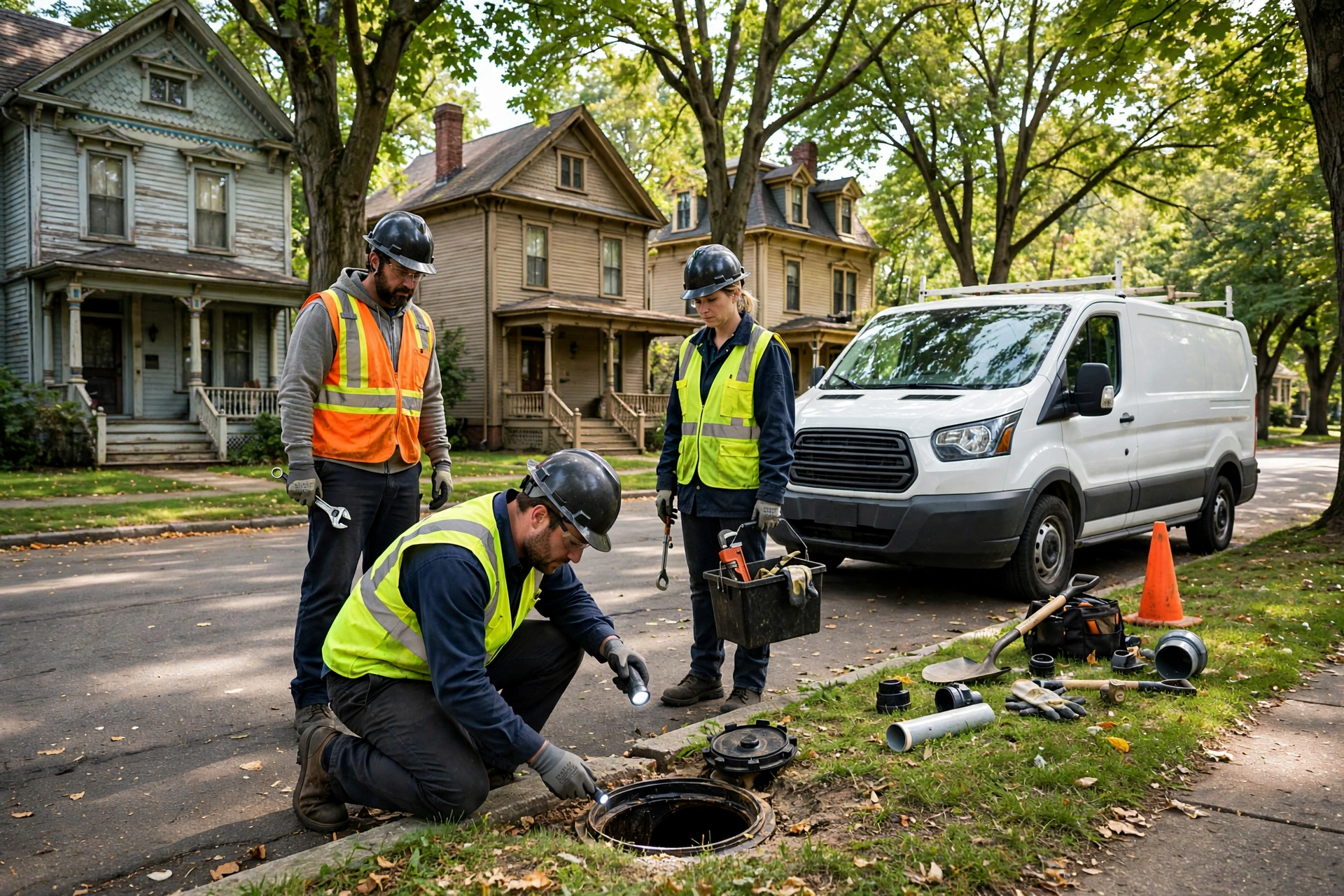 Sewer repair crew with a service van in front of historic early-1900s homes on a tree-lined street in Warren, Ohio