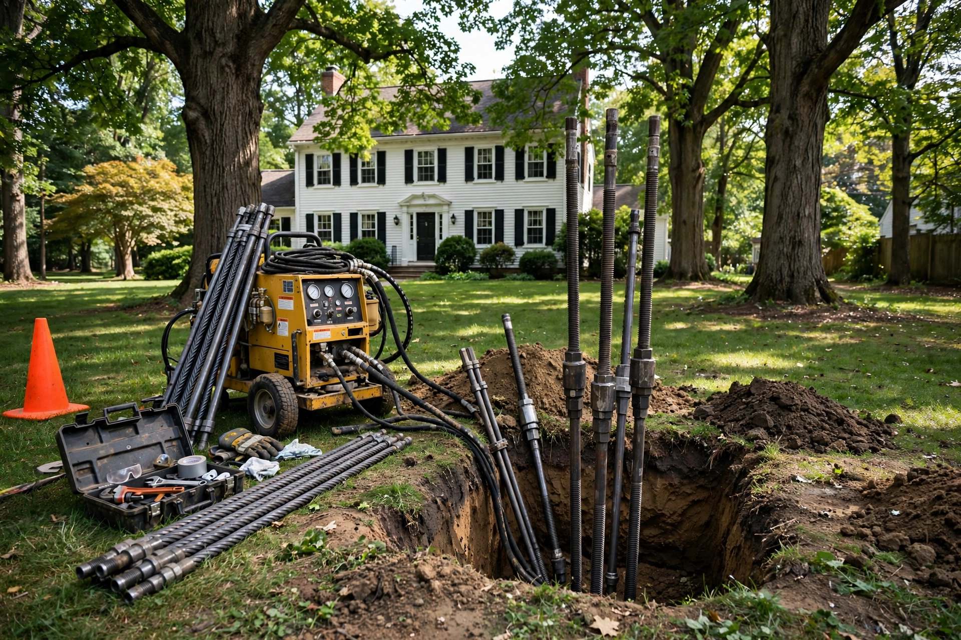 Technician performing a sewer camera inspection in the basement of an older Westerville, Ohio home with stone foundation walls
