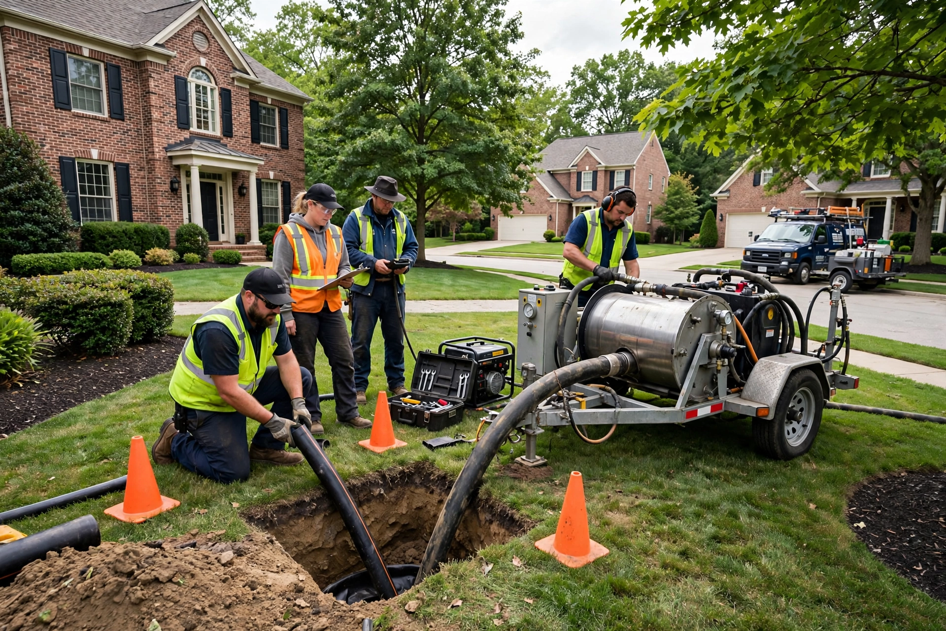 Trenchless sewer repair crew working with minimal digging in an upscale Westlake, Ohio neighborhood