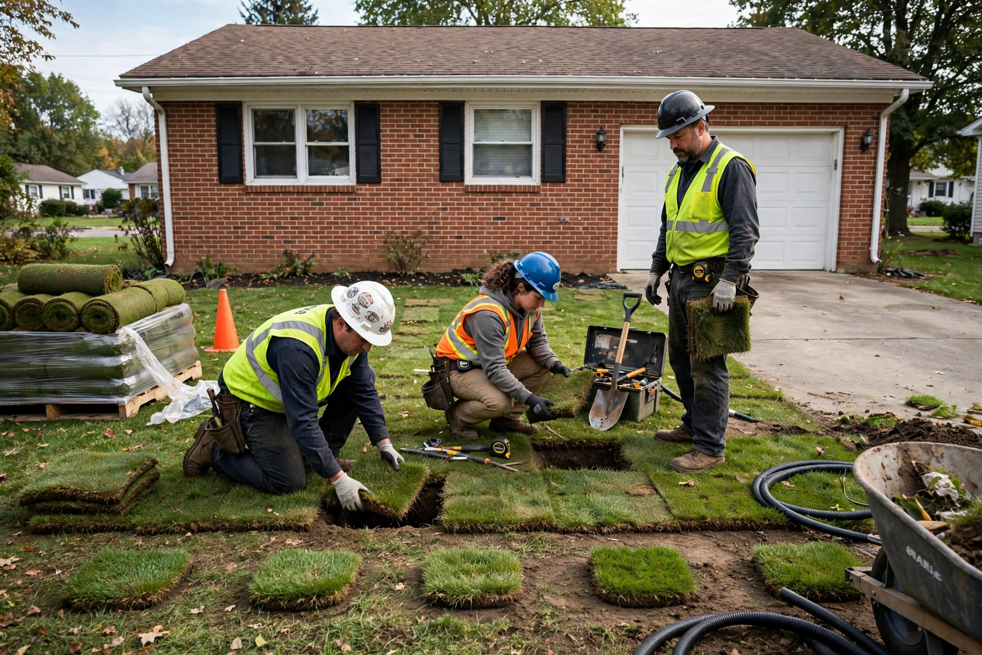 Sewer repair crew doing trenchless lining in the small front yard of a Whitehall, Ohio ranch home