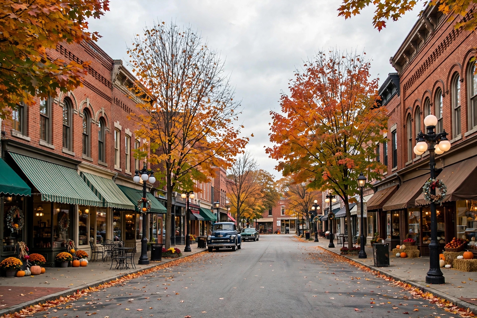 Historic downtown Willoughby, Ohio, with 19th century brick buildings, lampposts, and small shops along Erie Street in autumn