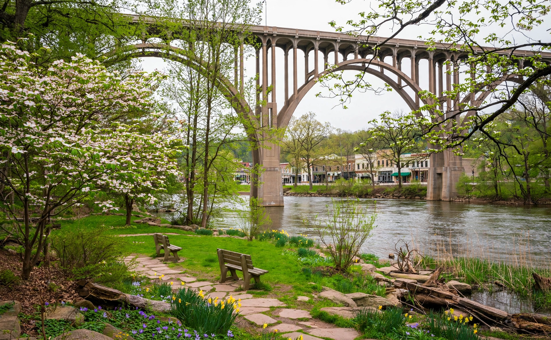 The Chagrin River flowing under a historic bridge in downtown Willoughby, Ohio, with a riverside park in spring