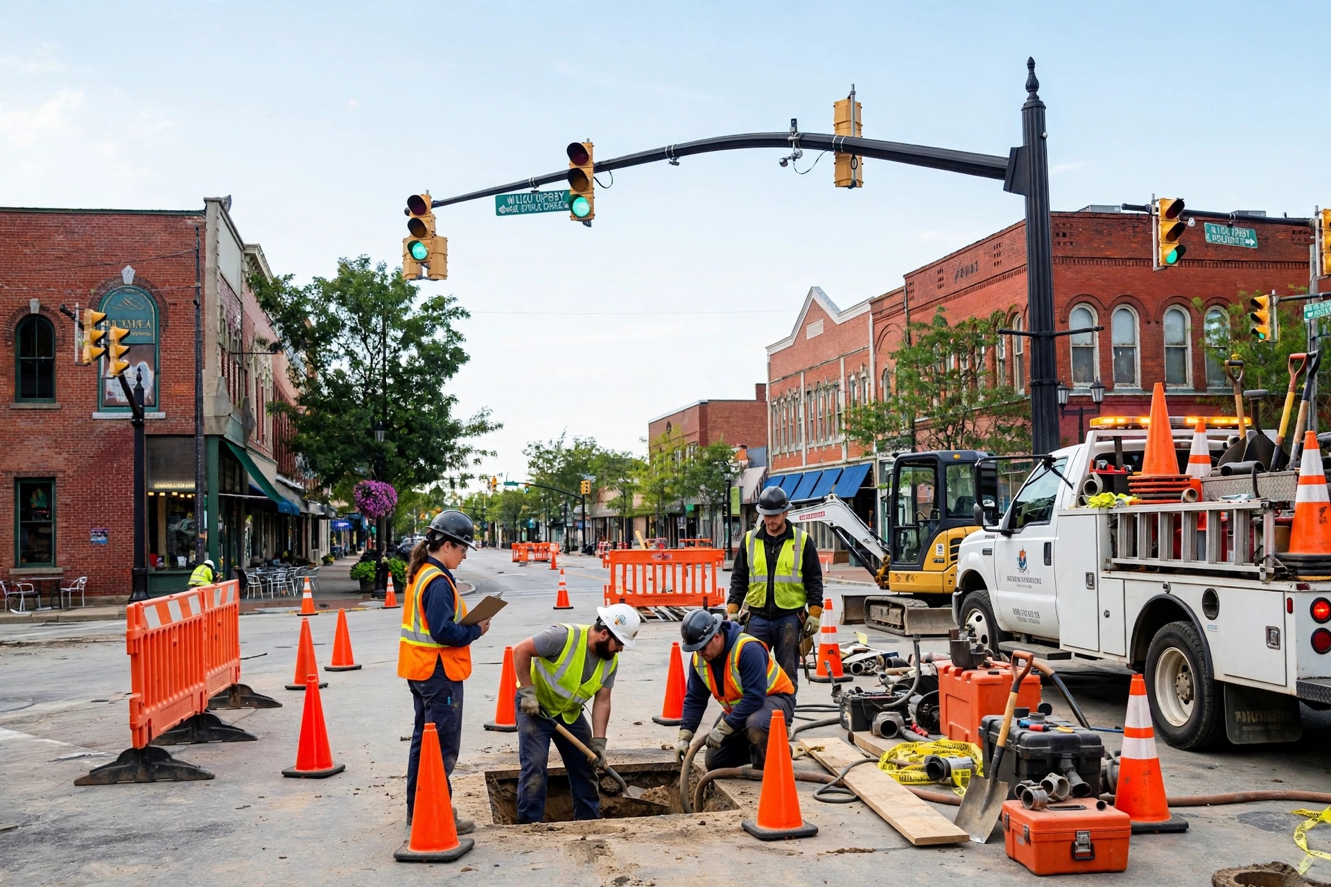 Sewer repair crew working on a historic downtown street in Willoughby, Ohio, with 19th century brick storefronts on Erie Street
