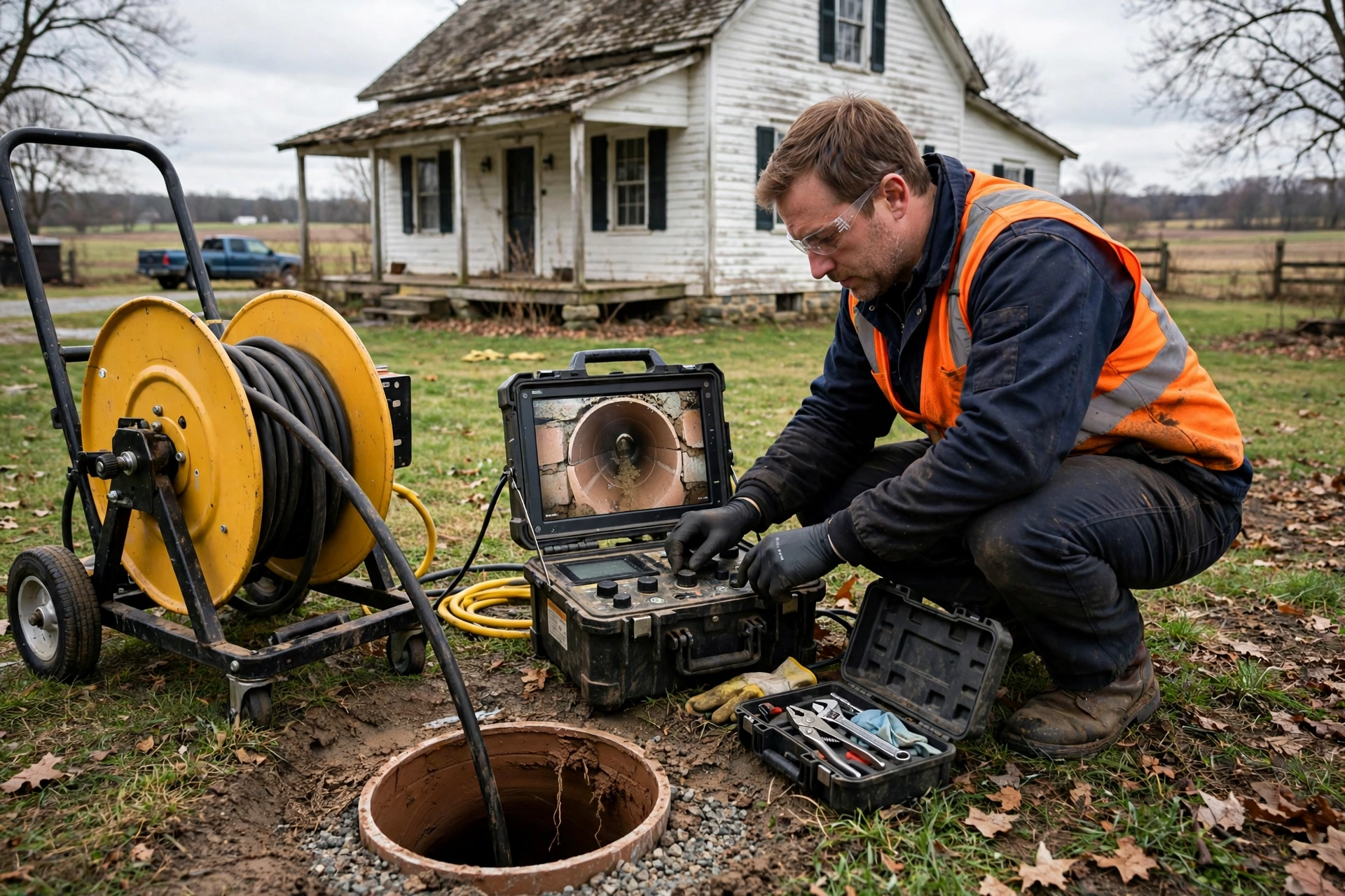 Sewer camera push reel and monitor diagnosing a clay tile lateral at a Wooster, Ohio farmhouse