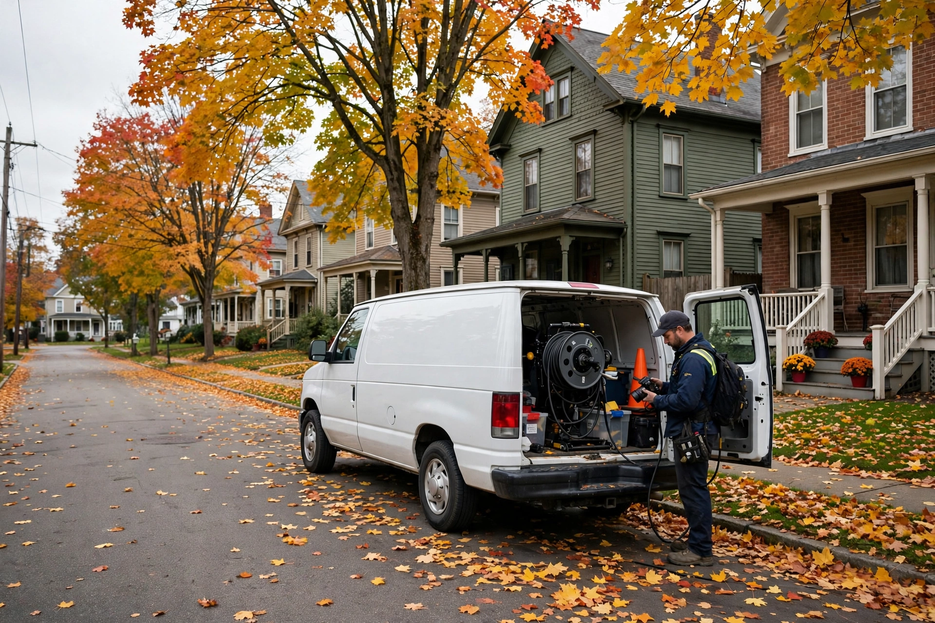 Historic homes and mature maple trees on a college-town street in Wooster, Ohio with a sewer service van at the curb