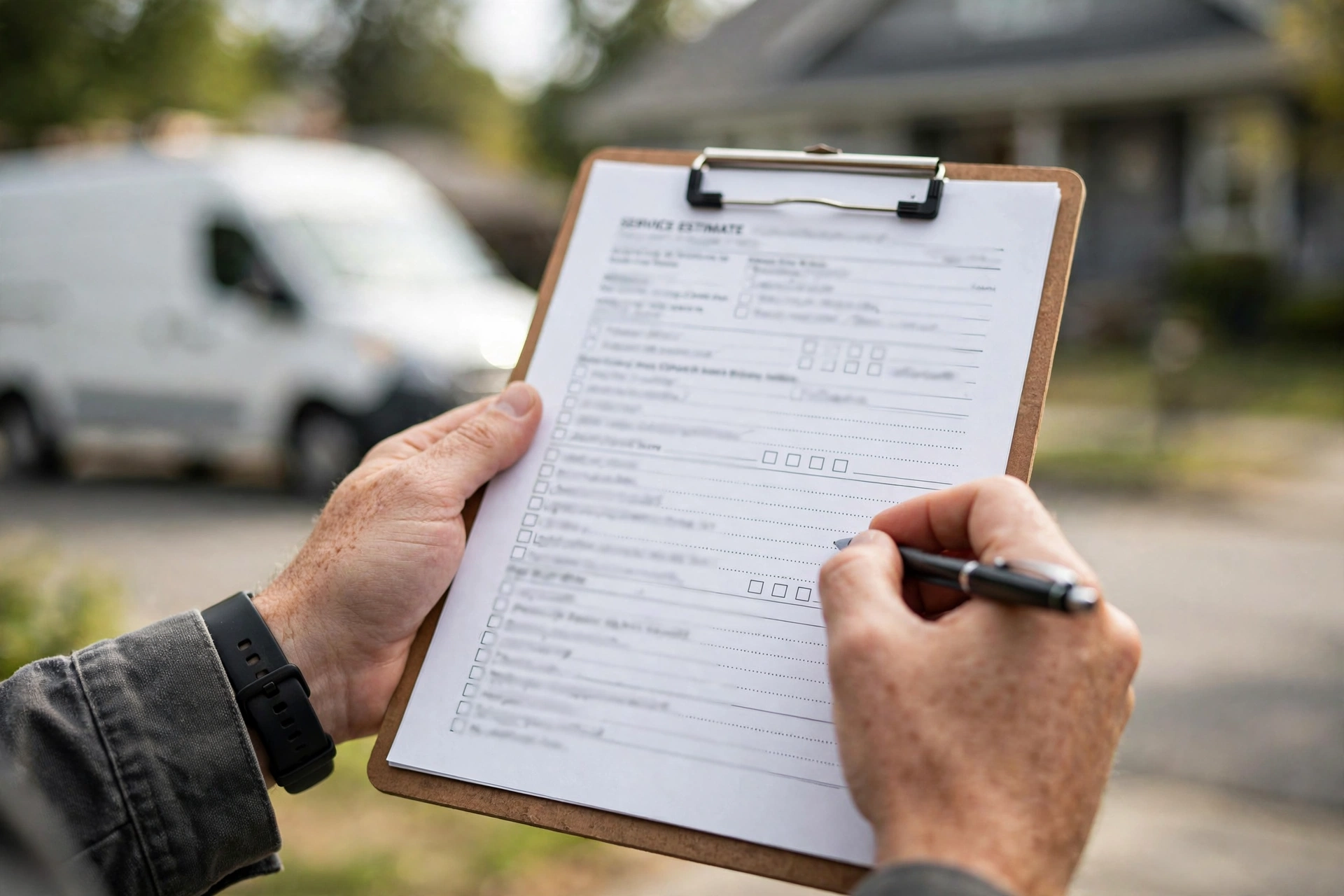 Close-up of a detailed written sewer repair estimate on a clipboard representing upfront pricing